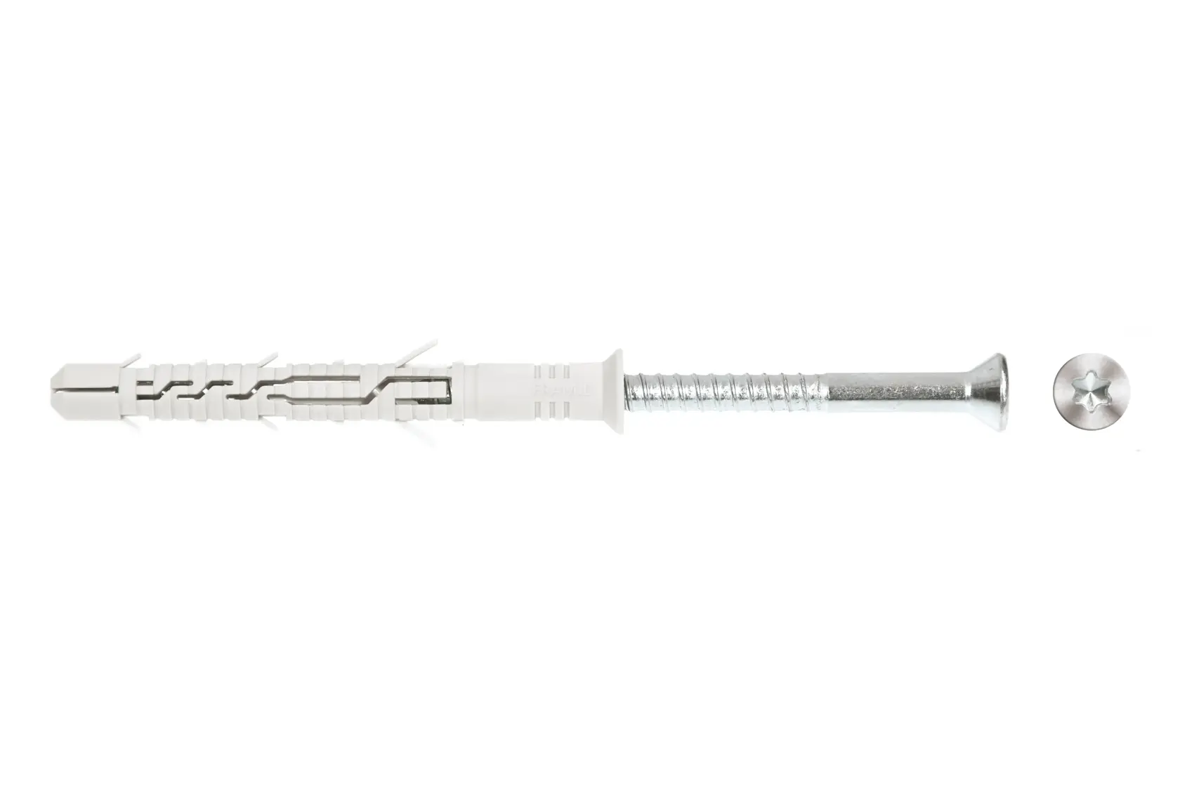 A wall plug with a metal screw and a separated screw head, shown on a white background.