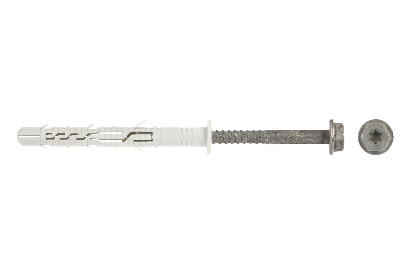 DEWALT screw and wall plug with hex head, shown apart on white background for product display.