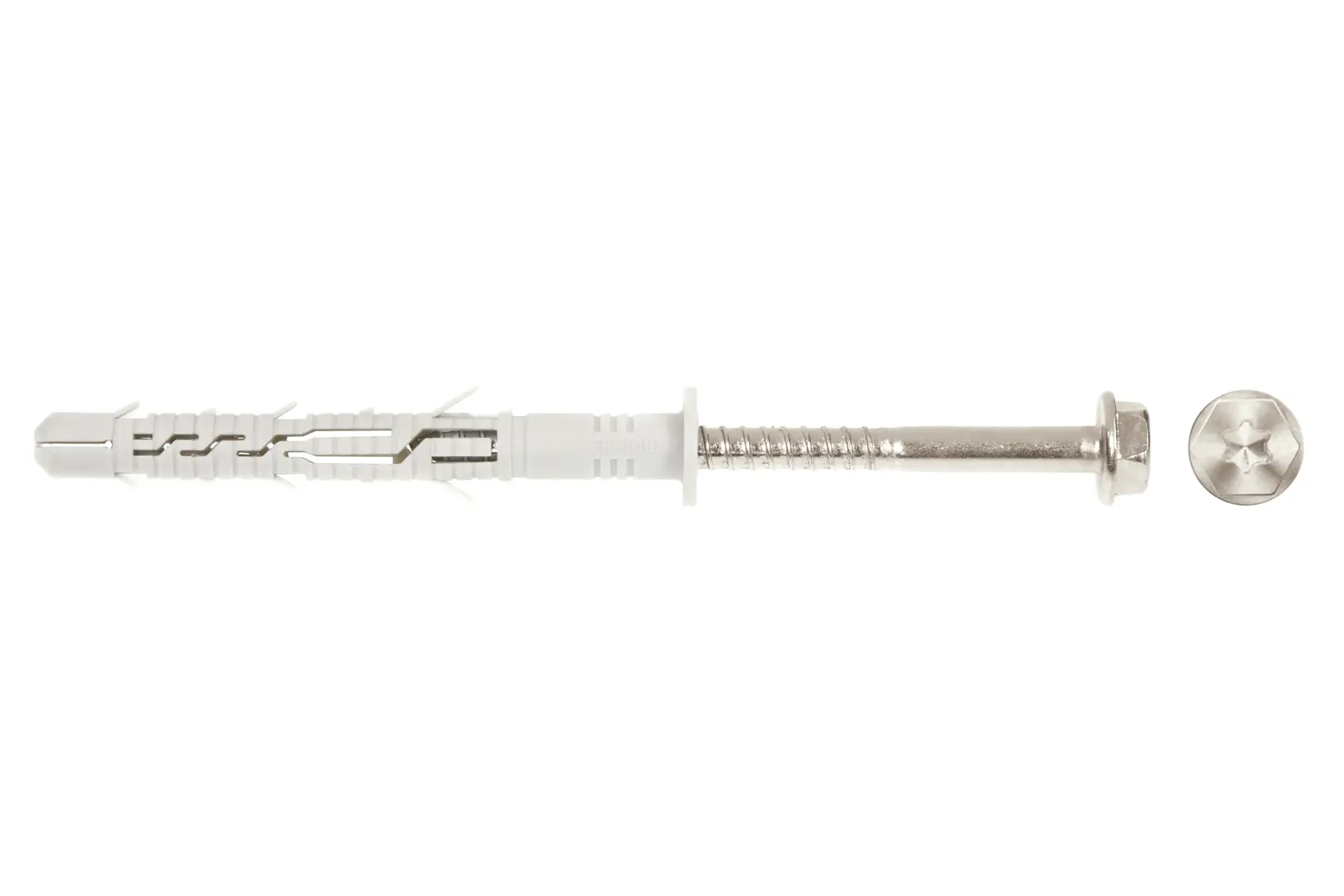 A single wall plug with screw, shown with a close-up of the screw head on a white background.