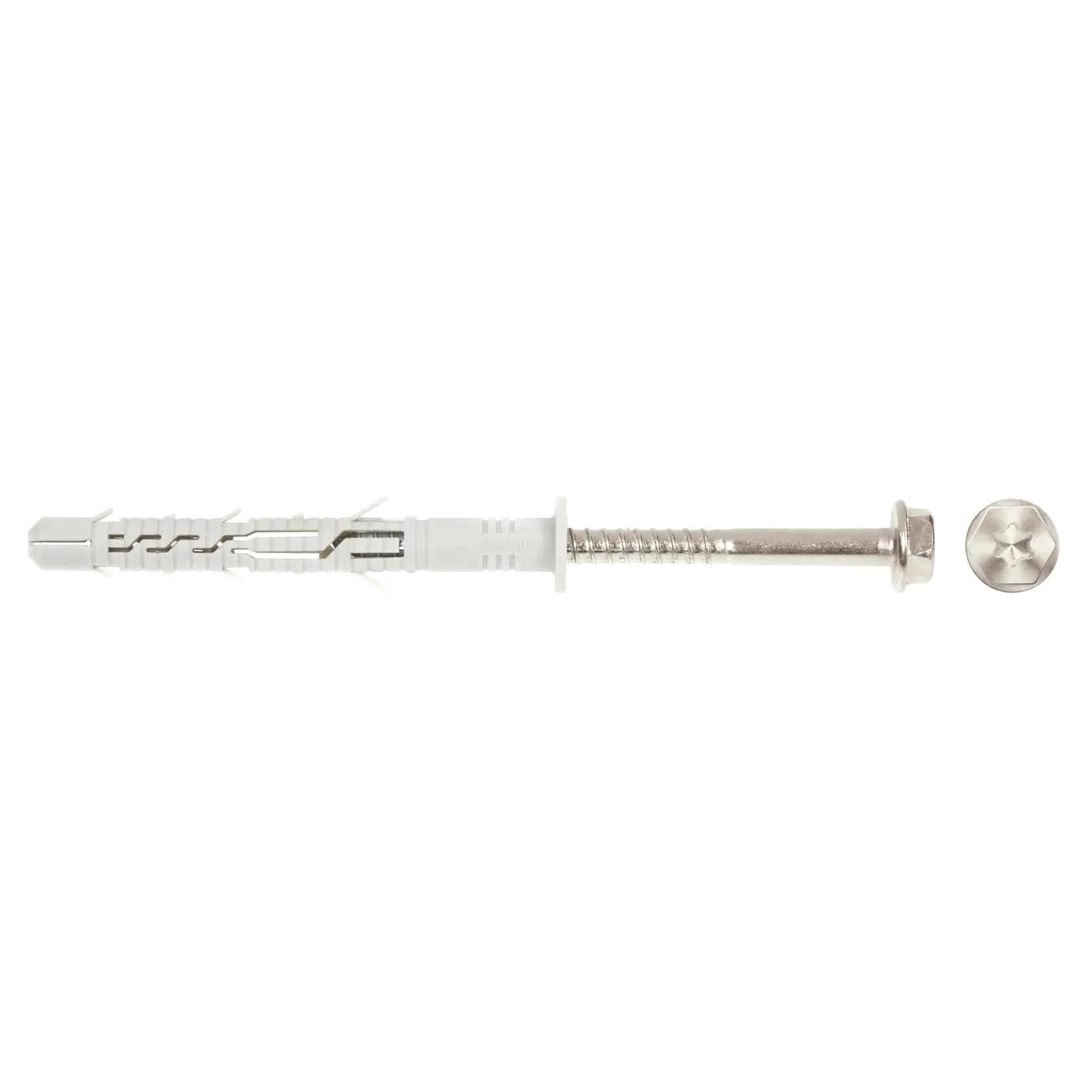 A close-up image of a wall plug and screw set, showing the plastic wall anchor and metal screw with a pan head, aligned horizontally on a white background.