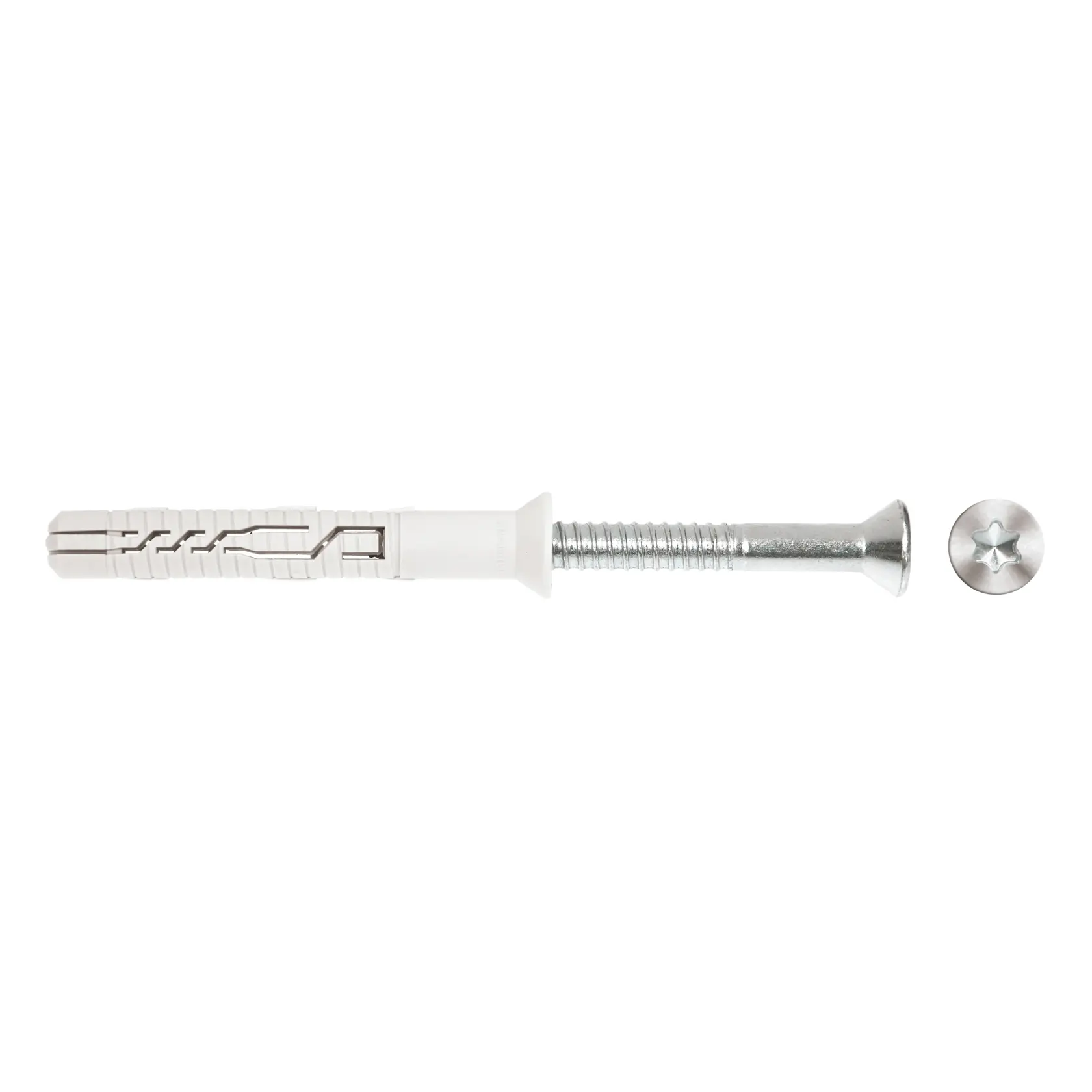 A DEWALT wall plug and metal screw with a flat head, displayed on a white background.