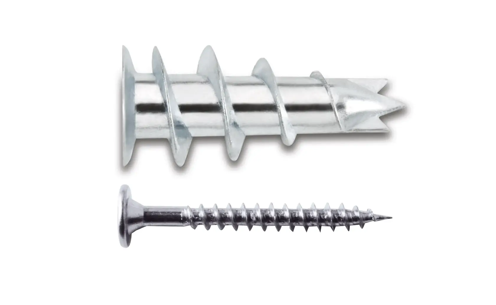 Metal wall anchor and screw set shown on a white background. Both pieces are silver and used for wall mounting.