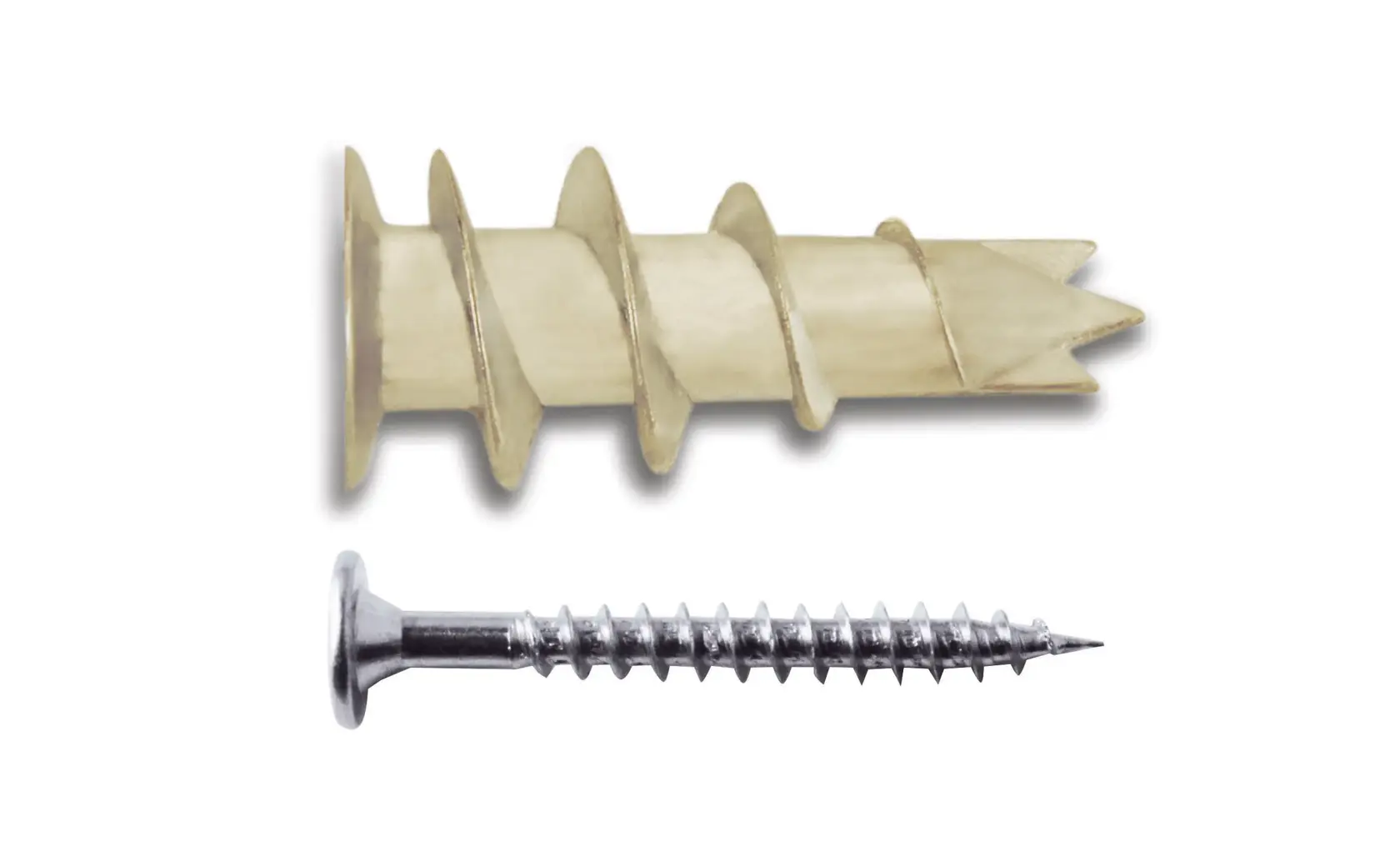 Close-up image of a wall plug anchor and a metal screw, both placed horizontally against a white background.