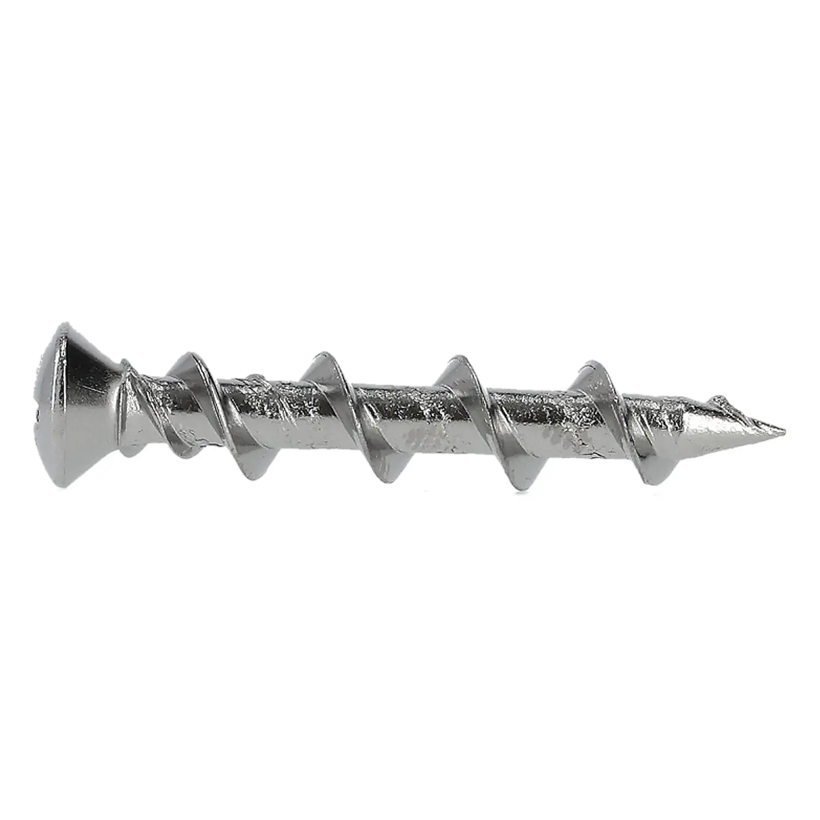 Close-up of a metal screw with a flat head and coarse threads on a white background.