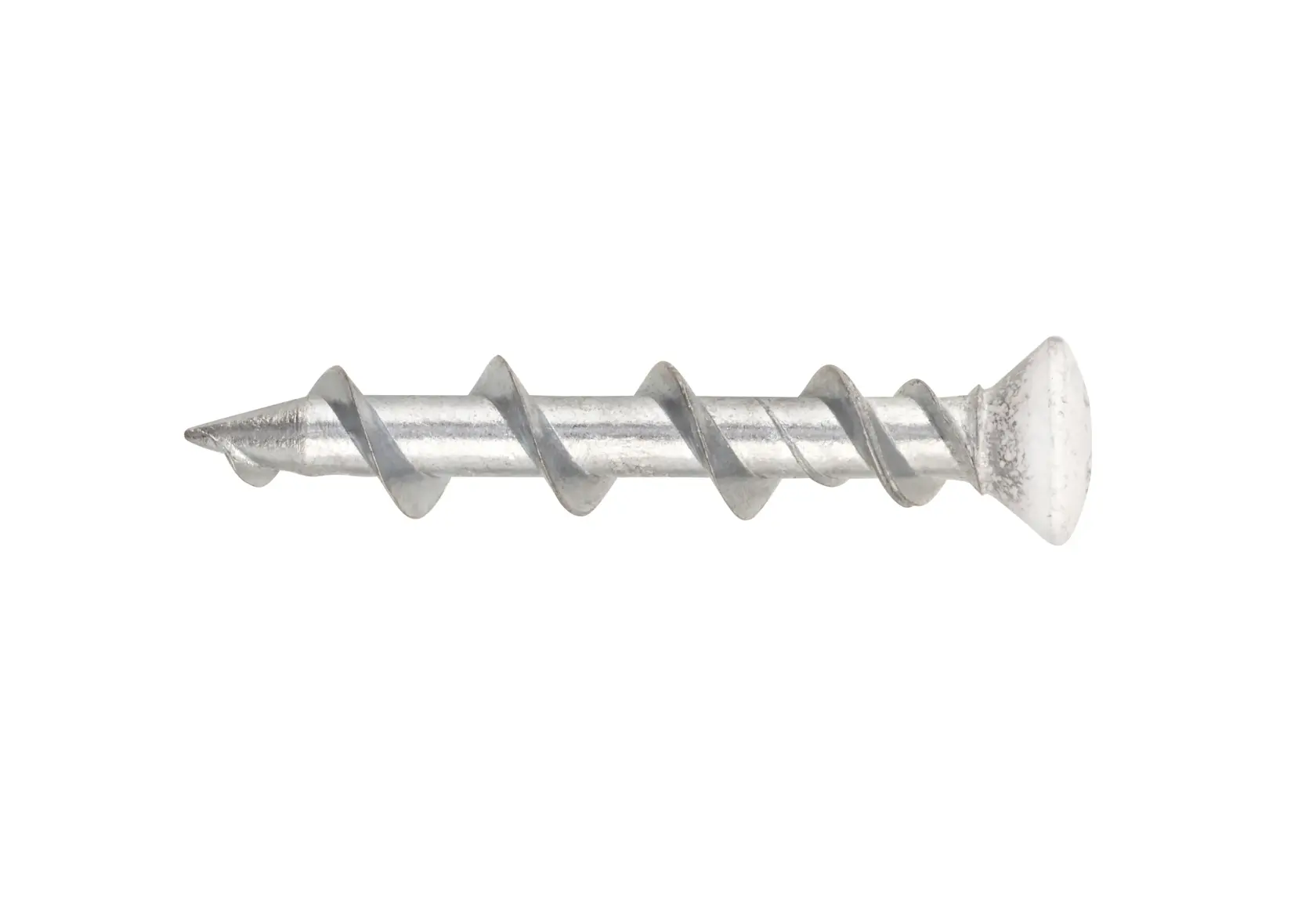 Single silver screw with spiral threads, flat head and pointed tip on a white background.