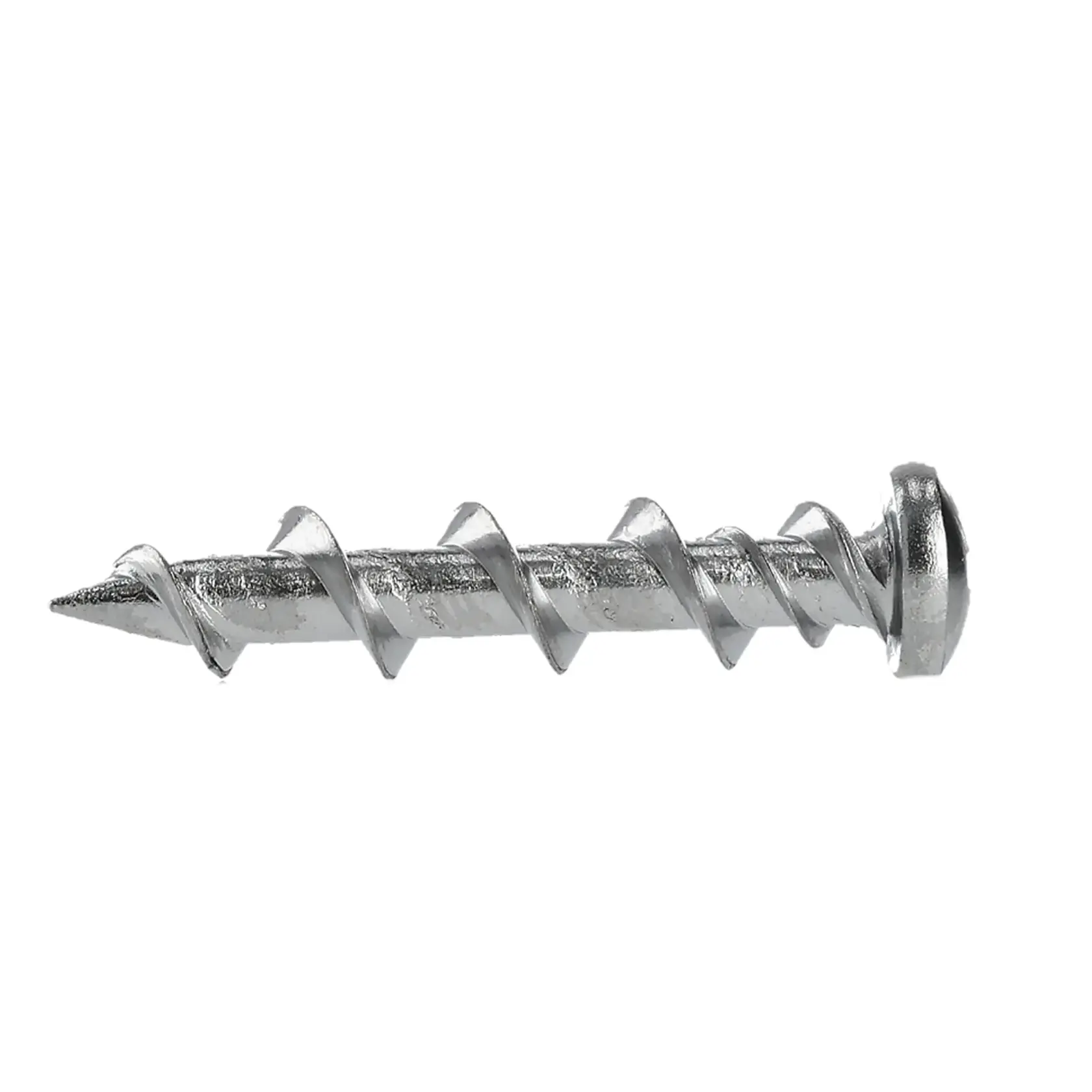 Single silver metal screw with sharp tip and wide threads on a white background.