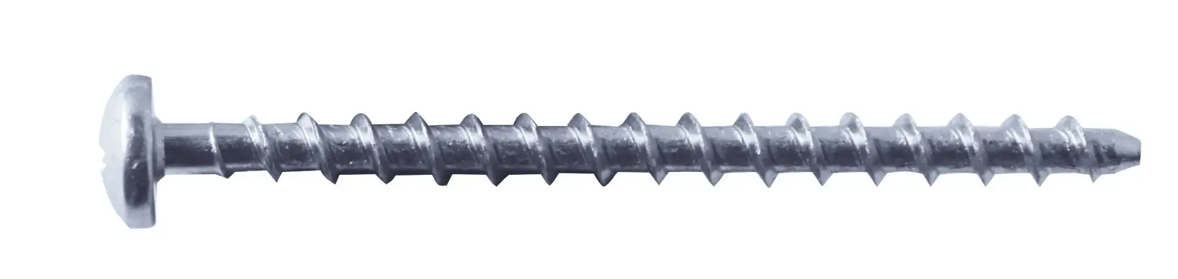 Close-up of a metallic screw with a flat head, shown on a white background.