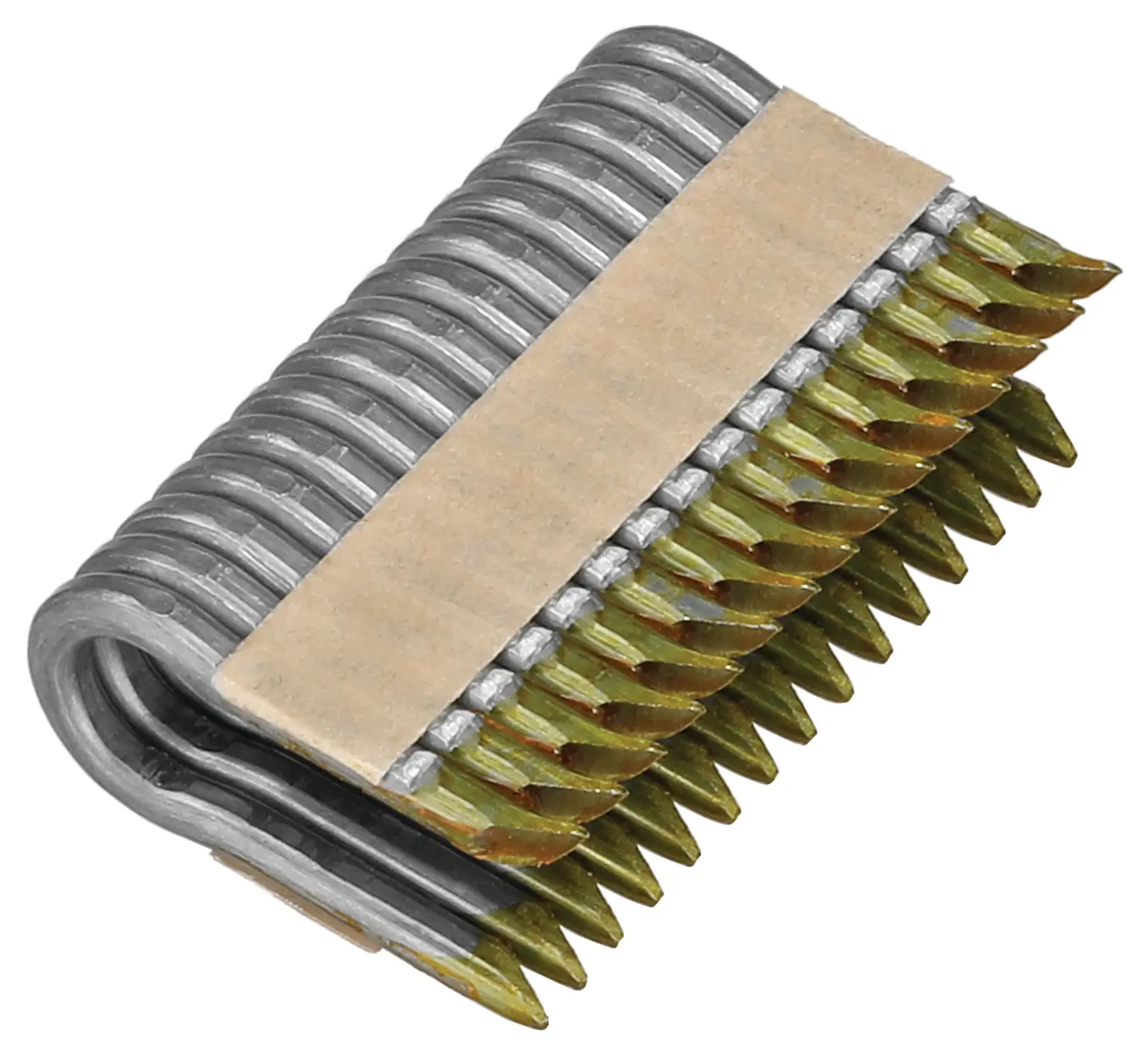 A close-up image of a bundle of collated metal nails held together with a strip of paper, designed for use in a nail gun.