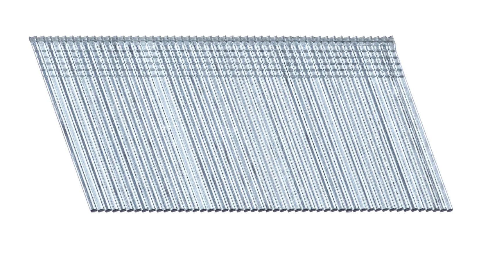 Angled pack of silver DEWALT nails for nail guns arranged in a fanned stack.