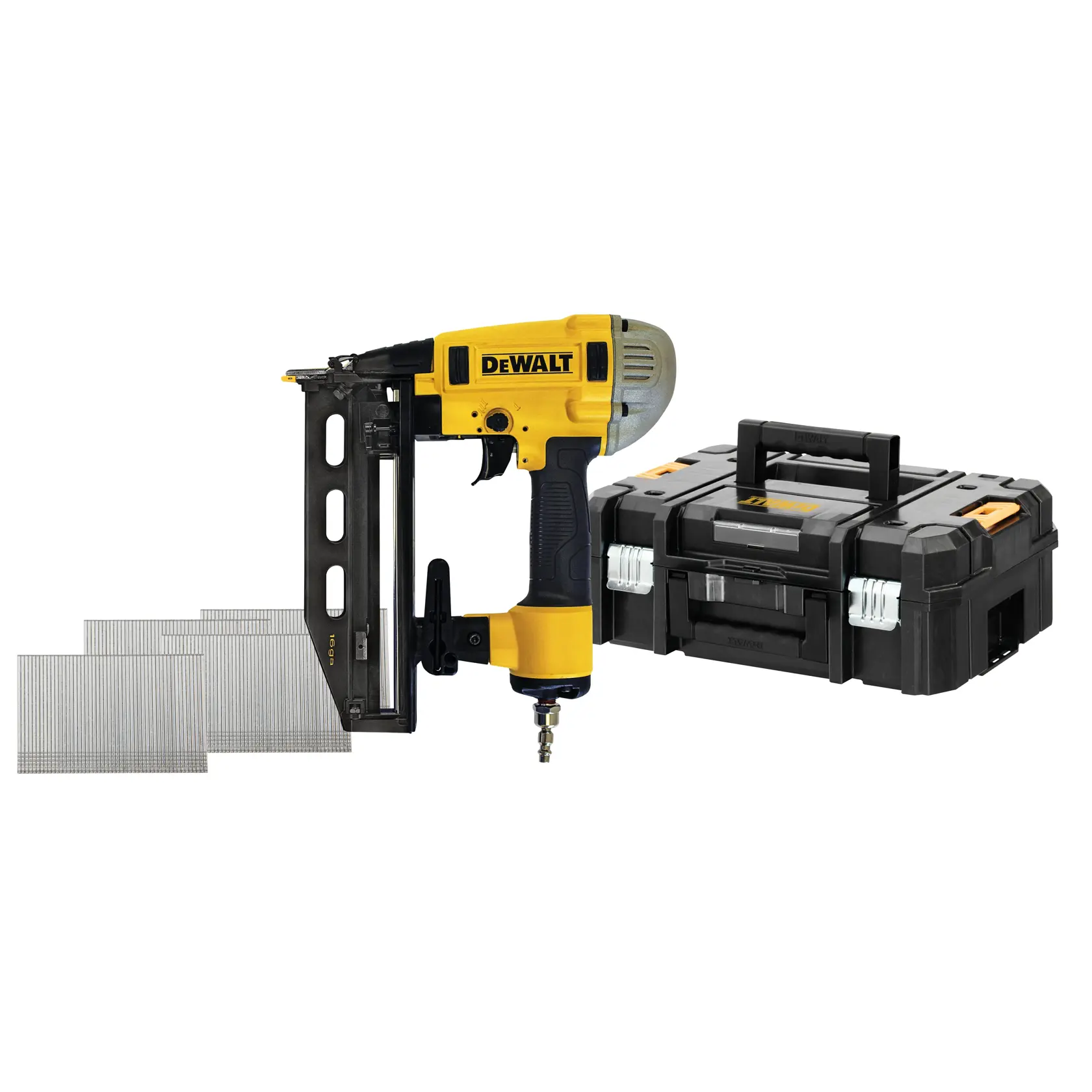 DEWALT nail gun with nails and a black carrying case, shown against a white background.