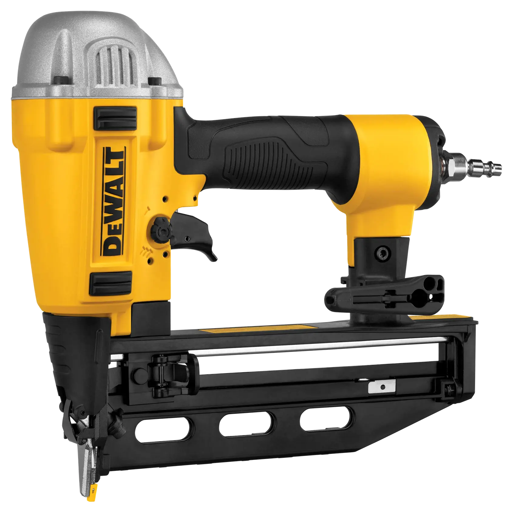 DEWALT pneumatic nailer tool, yellow and black, side view with handle and air connector.