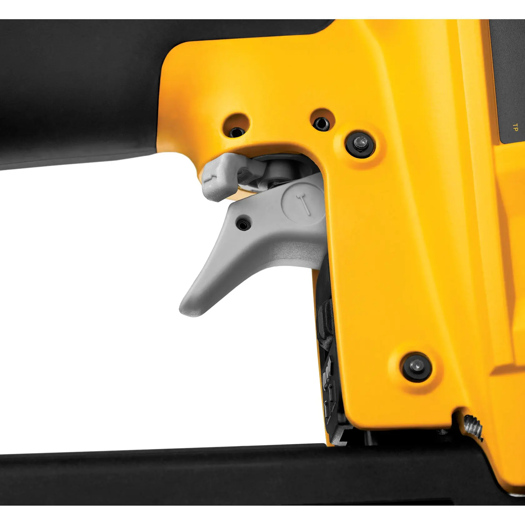 Close-up of DEWALT DPN1664 nail gun trigger in yellow and black housing.
