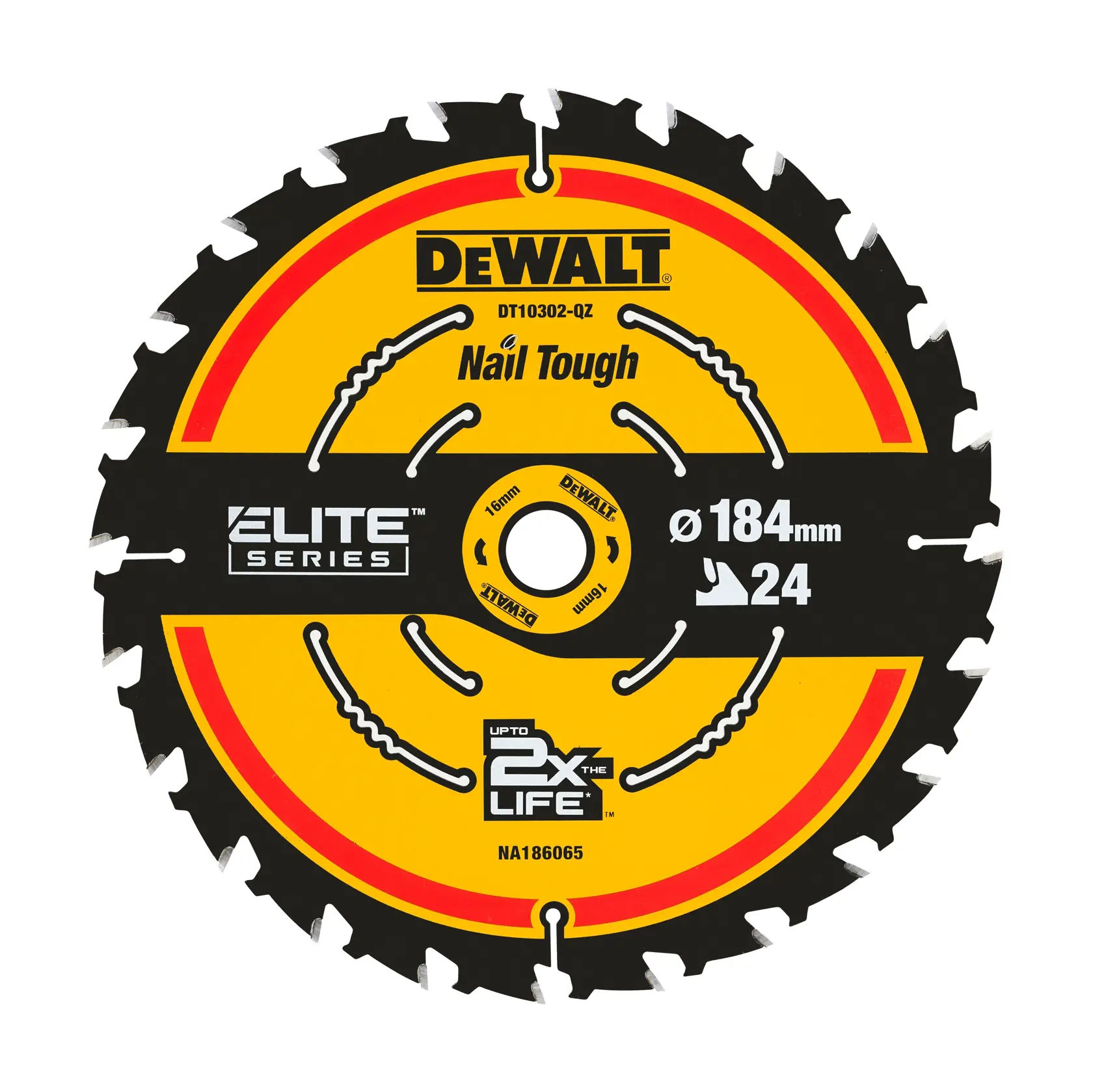 DEWALT DT10302-QZ Elite Series circular saw blade, 184mm diameter with 24 teeth, labeled 'Nail Tough' and 'Up to 2x the Life', featuring a yellow and black design.
