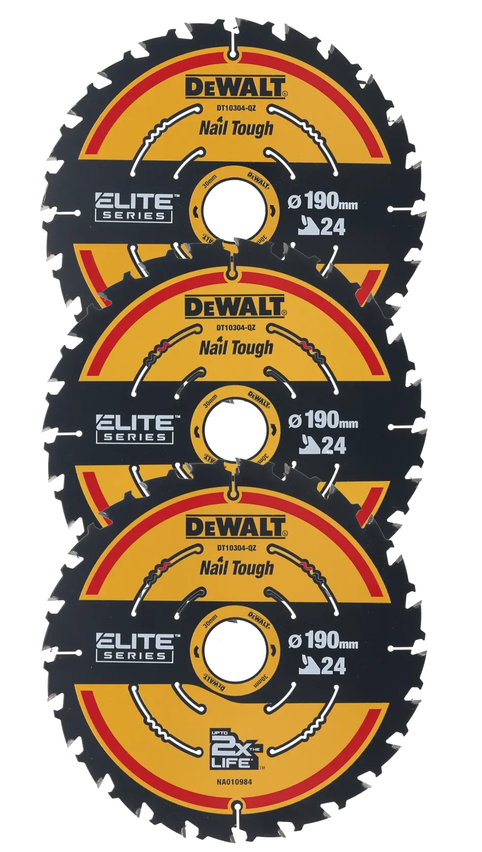 Three DEWALT 190mm Elite Series circular saw blades stacked, featuring Nail Tough durability and 24 teeth.