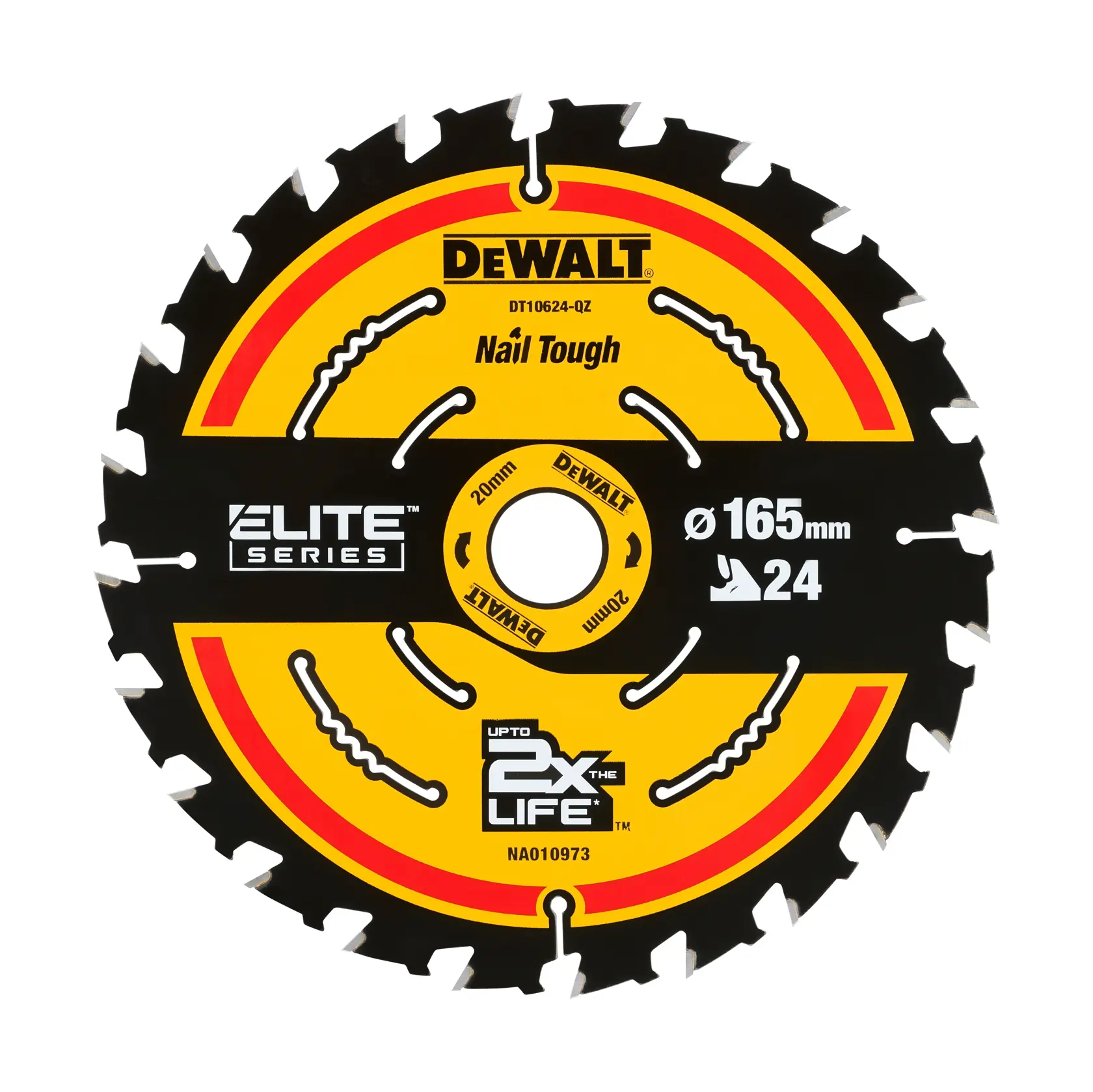 DEWALT DT10624 Elite Series 165mm 24-tooth saw blade for tough nail cutting, circular yellow and black design.