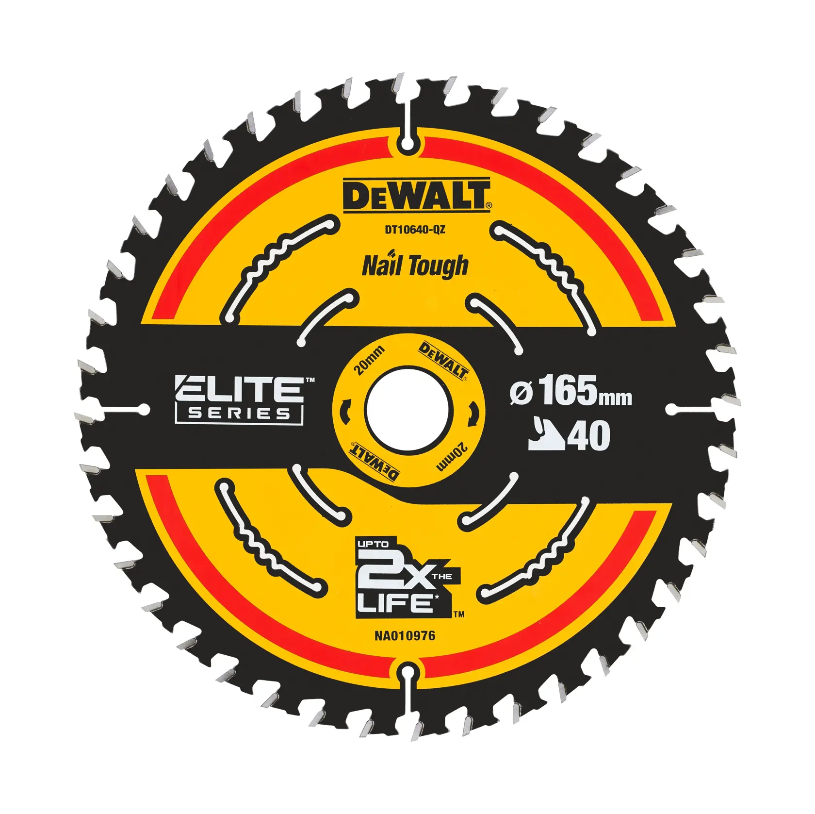 DEWALT Elite Series circular saw blade, model DT10640, 165mm diameter with 40 teeth, labeled 'Nail Tough' and 'Up to 2X the Life', featuring a yellow and black design.