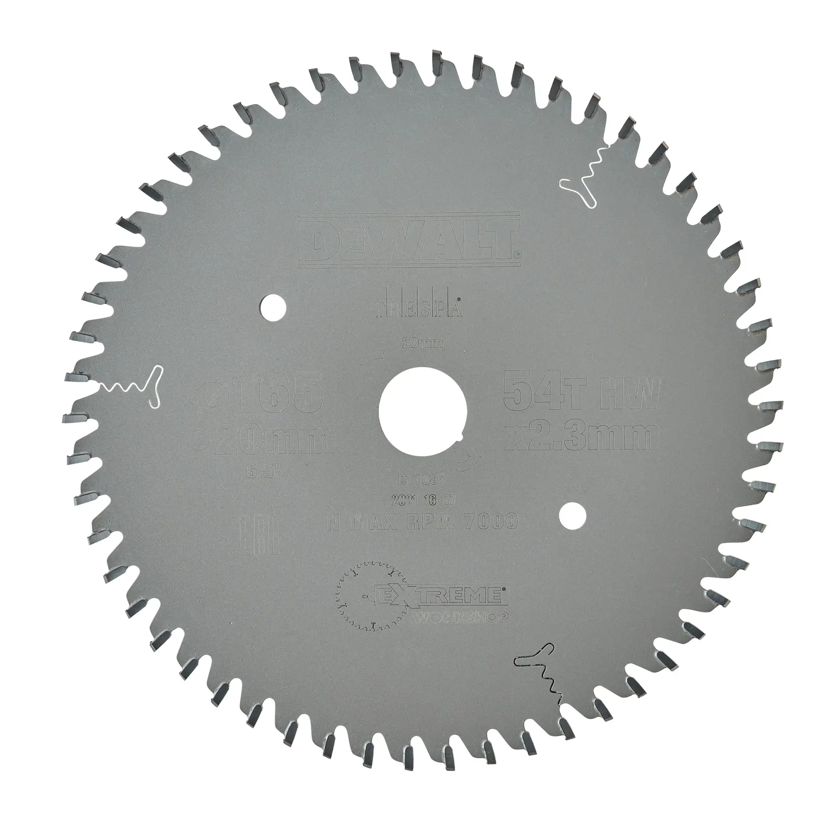 A DEWALT circular saw blade, model DT1087, featuring 54 teeth and a 165mm diameter. The blade is made of durable metal and is designed for workshop use.