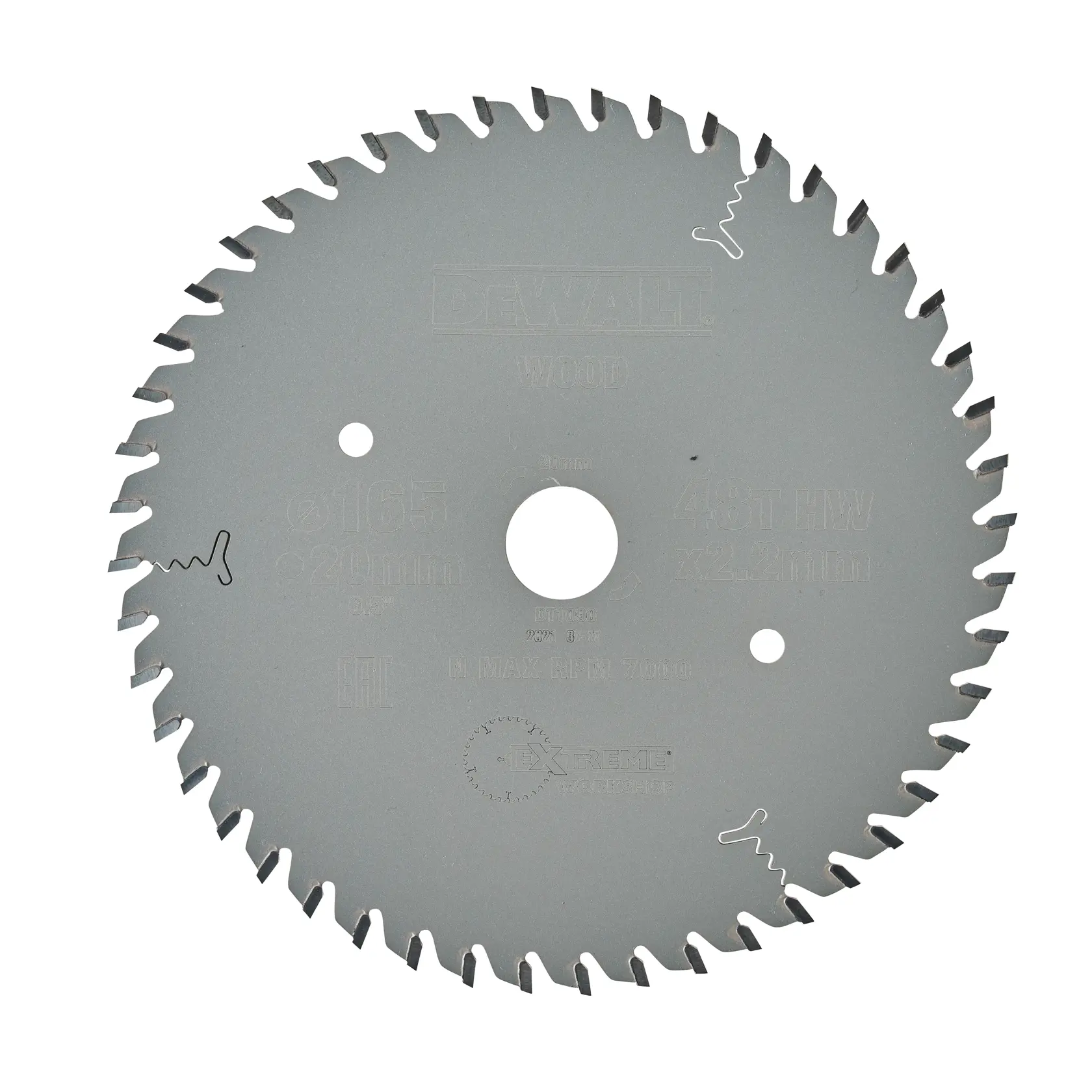A DEWALT circular saw blade with 48 teeth, designed for cutting wood. The blade is metallic, round, and has a hole in the center for mounting on a saw. Product details and specifications are engraved on the surface.