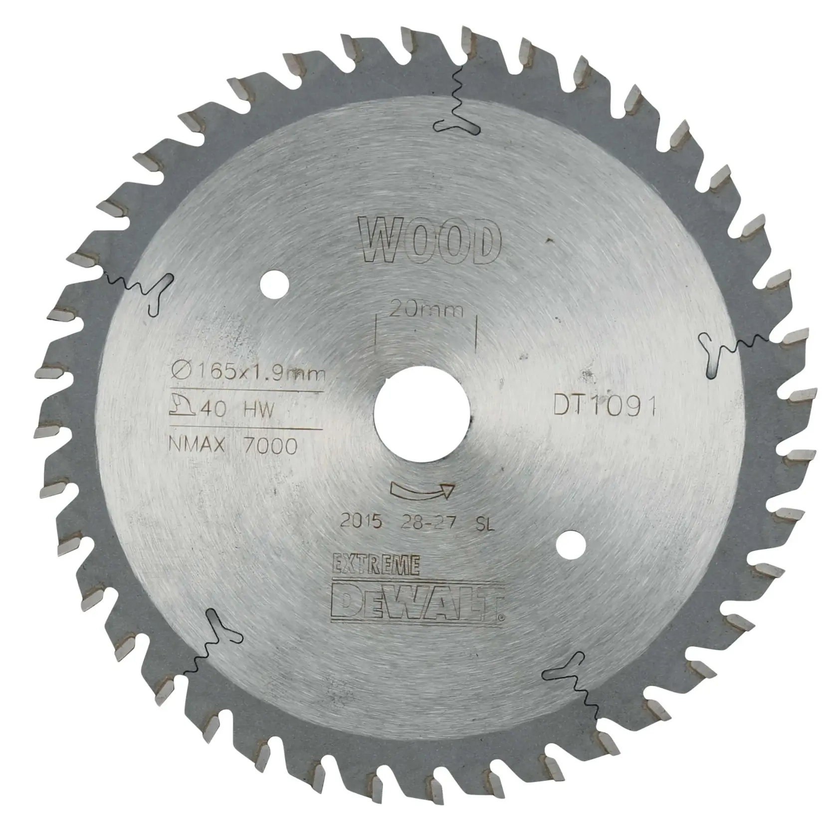 DEWALT DT1091 circular saw blade for wood, 165mm diameter, 40 teeth, silver color, central hole visible.