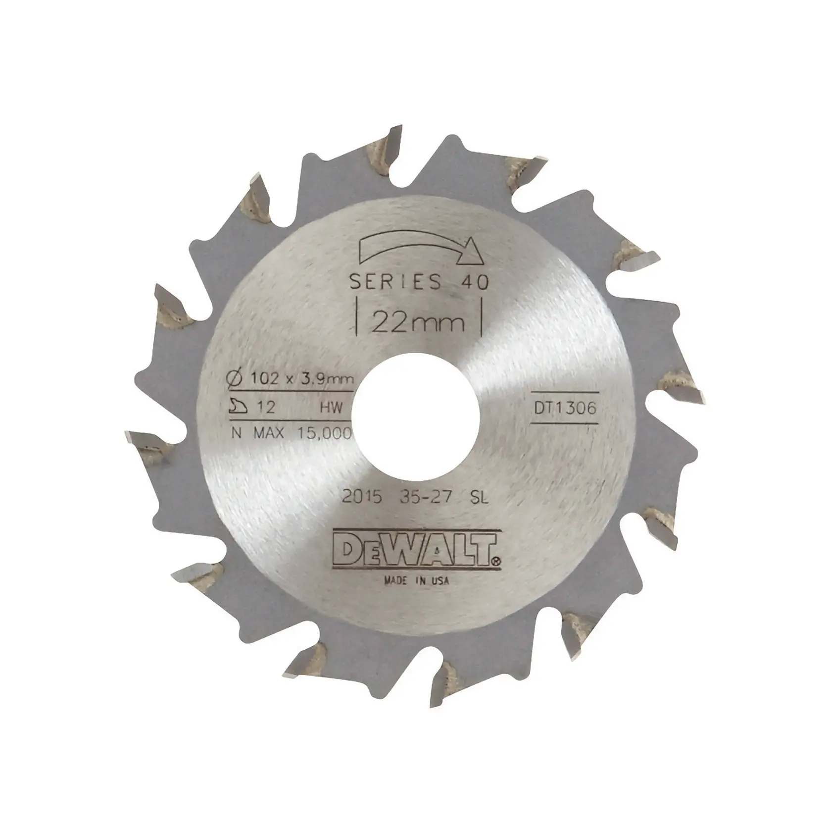 DEWALT DT1306 circular saw blade, Series 40, 22mm center, 12 teeth, for woodworking.