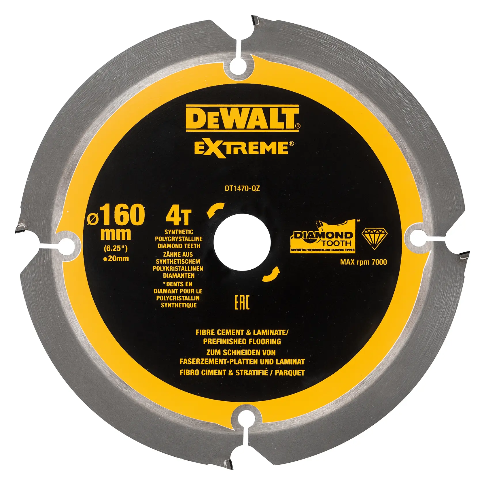 DEWALT DT1470 circular saw blade for cutting fibre cement and laminate, 160mm diameter, 4 diamond teeth.