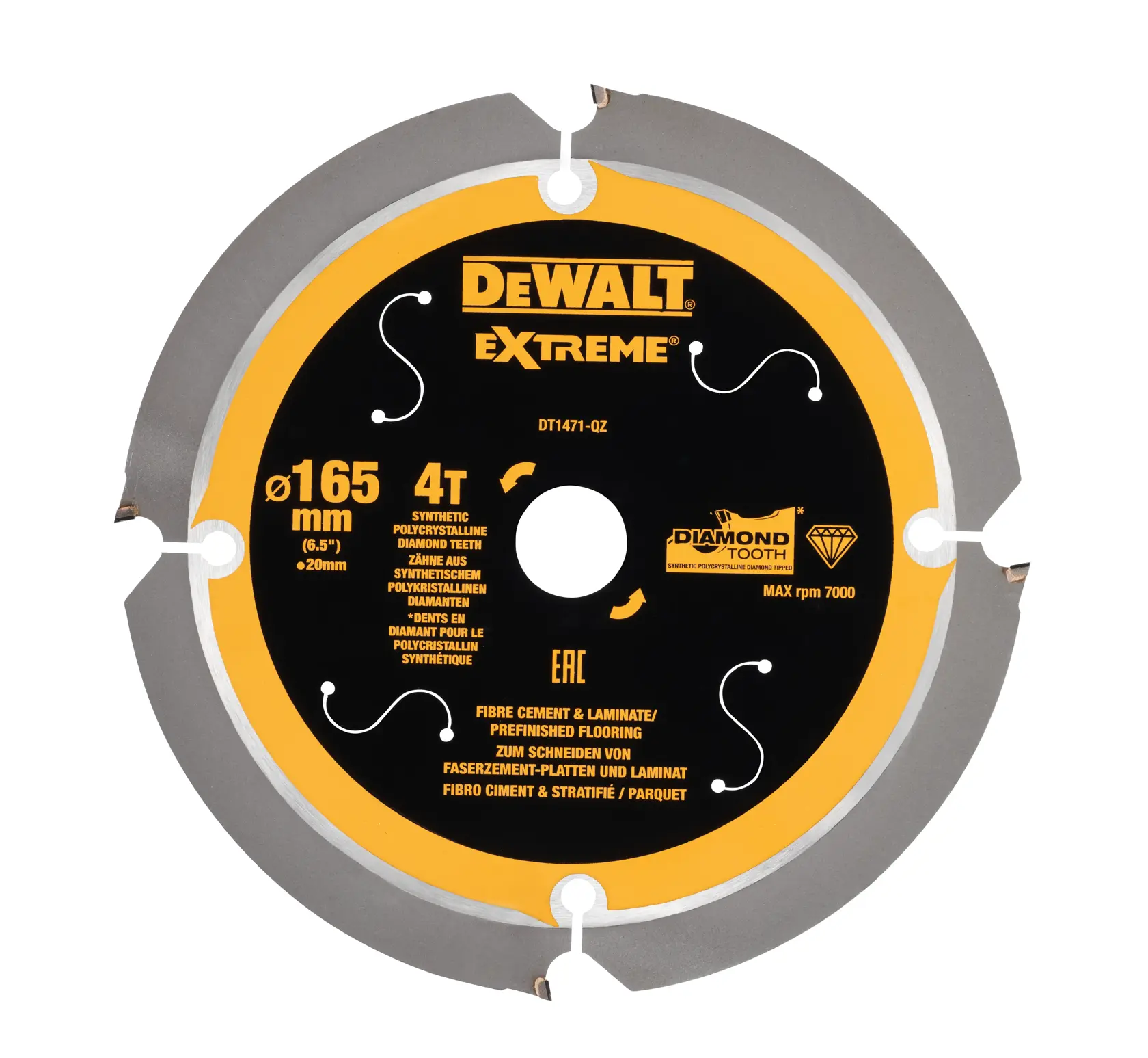 DEWALT EXTREME circular saw blade, model DT1471, with a diameter of 165 mm and 4 synthetic polycrystalline diamond teeth, designed for cutting fibre cement and laminate. The blade is black and yellow with printed specifications.