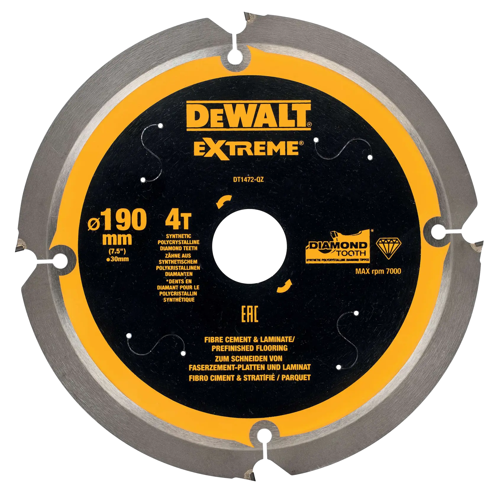 DEWALT Extreme 190mm saw blade for fibre cement and laminate, 4 synthetic diamond teeth, DT1472.