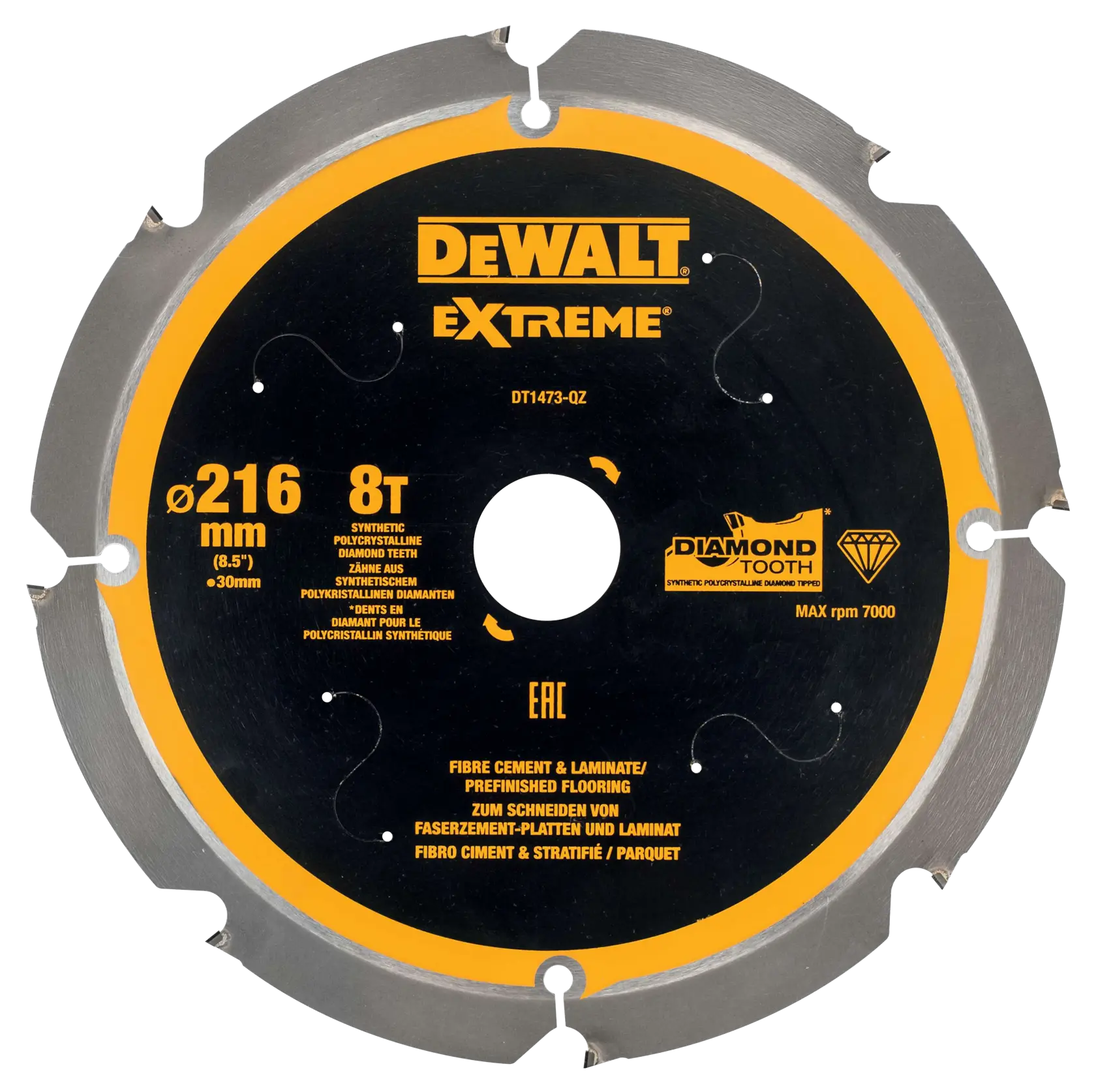 DEWALT Extreme DT1473 216mm diamond saw blade for cutting fiber cement, laminate, and flooring.