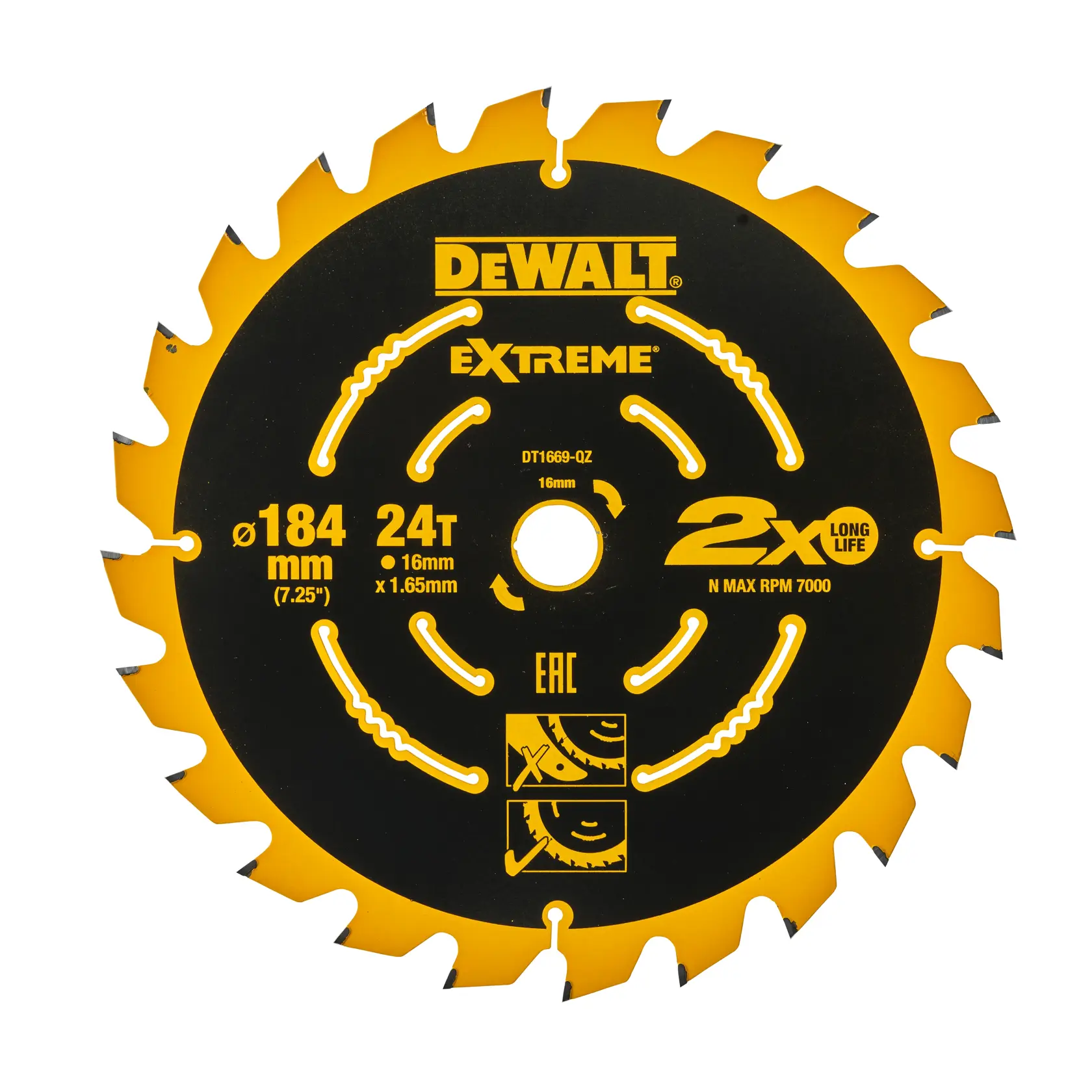 DEWALT DT1669 Extreme 184mm 24T circular saw blade for cutting, yellow and black design.