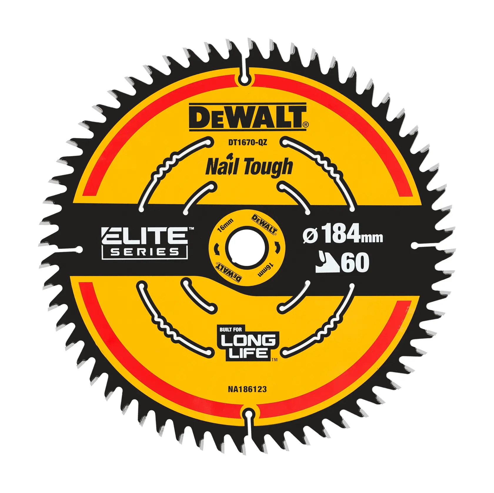 DEWALT Elite Series circular saw blade, 184mm, 60 teeth, Nail Tough, yellow and black, DT1670 model.