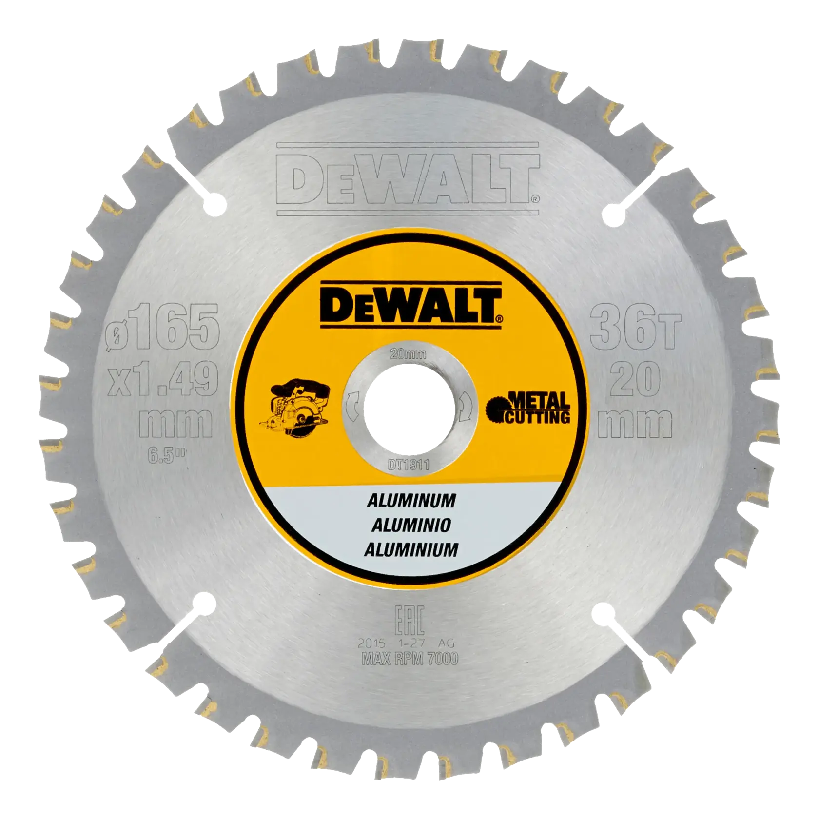DEWALT metal cutting saw blade DT1911, DT1911-QZ for aluminum, 165mm diameter, 36 teeth.