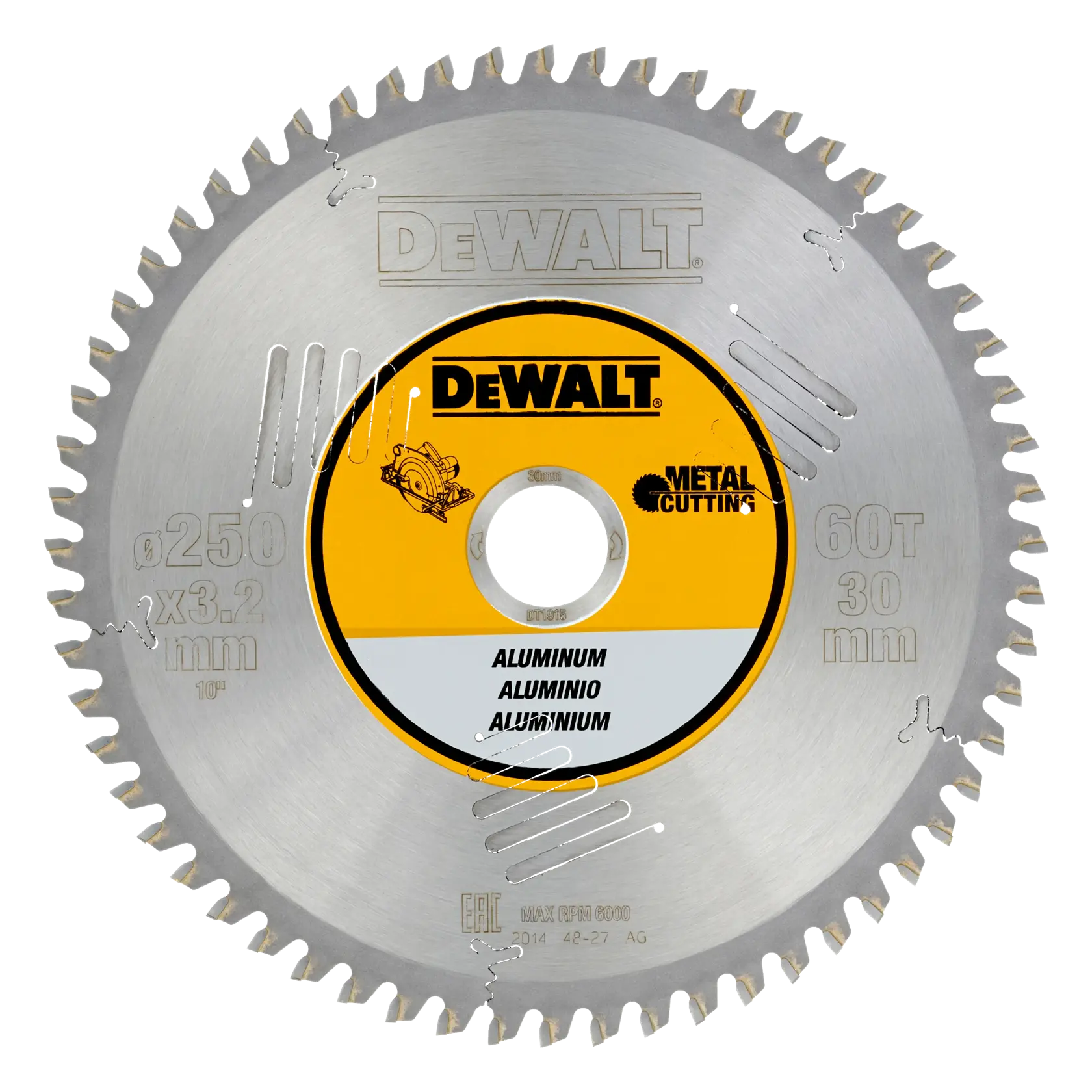 DEWALT DT1915 circular saw blade for aluminum, 250mm diameter, 60 teeth, metal cutting.
