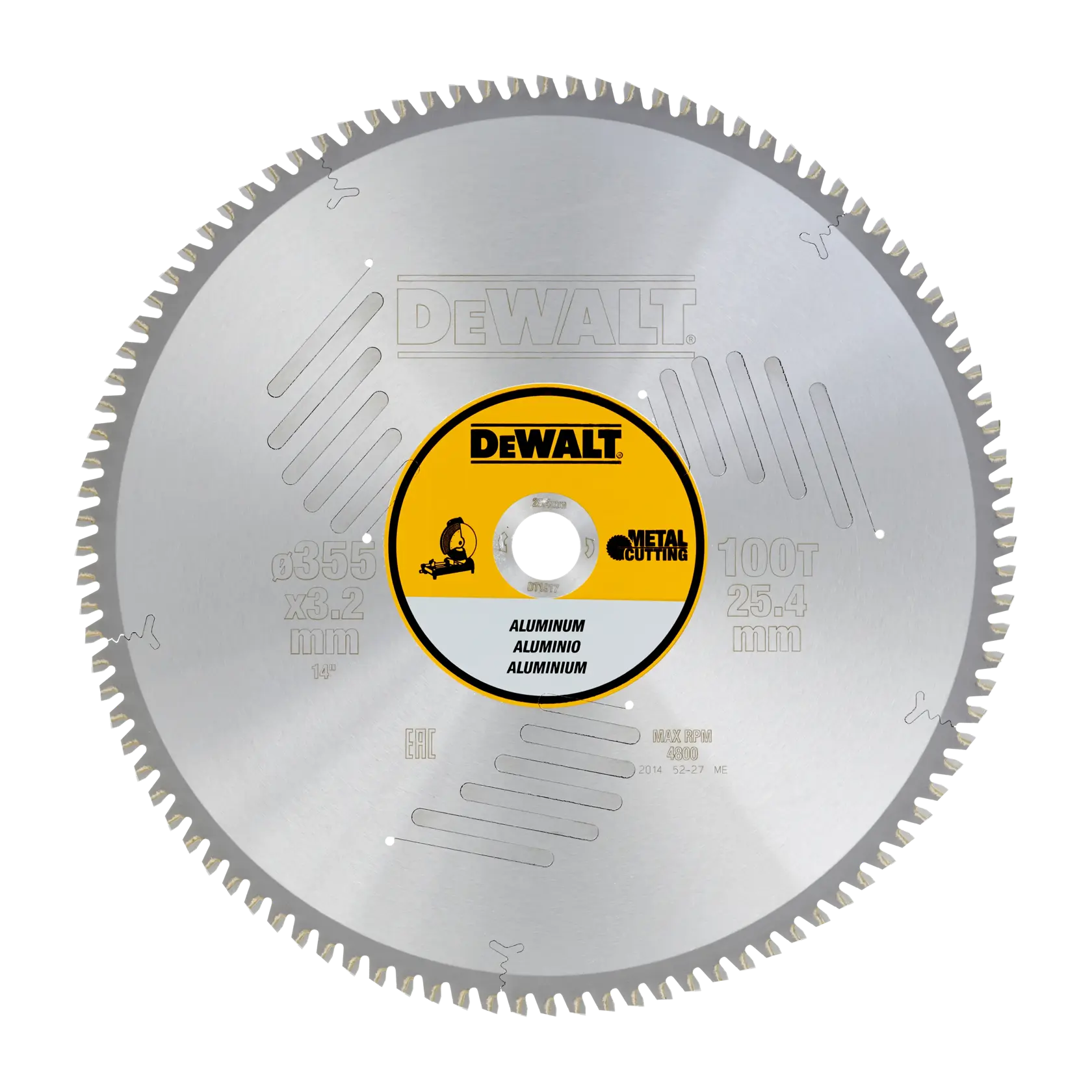 DEWALT DT1917 circular saw blade for aluminum and metal cutting, 355mm diameter, 100 teeth, silver with a yellow and black center label.