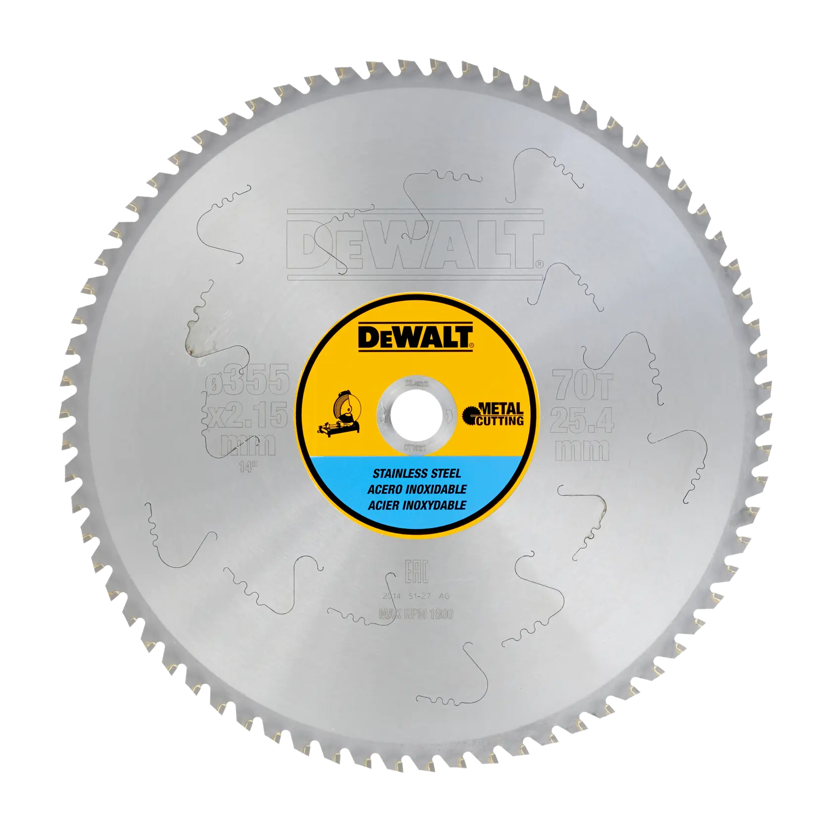 DEWALT circular saw blade for metal cutting, labeled stainless steel and 70 teeth.