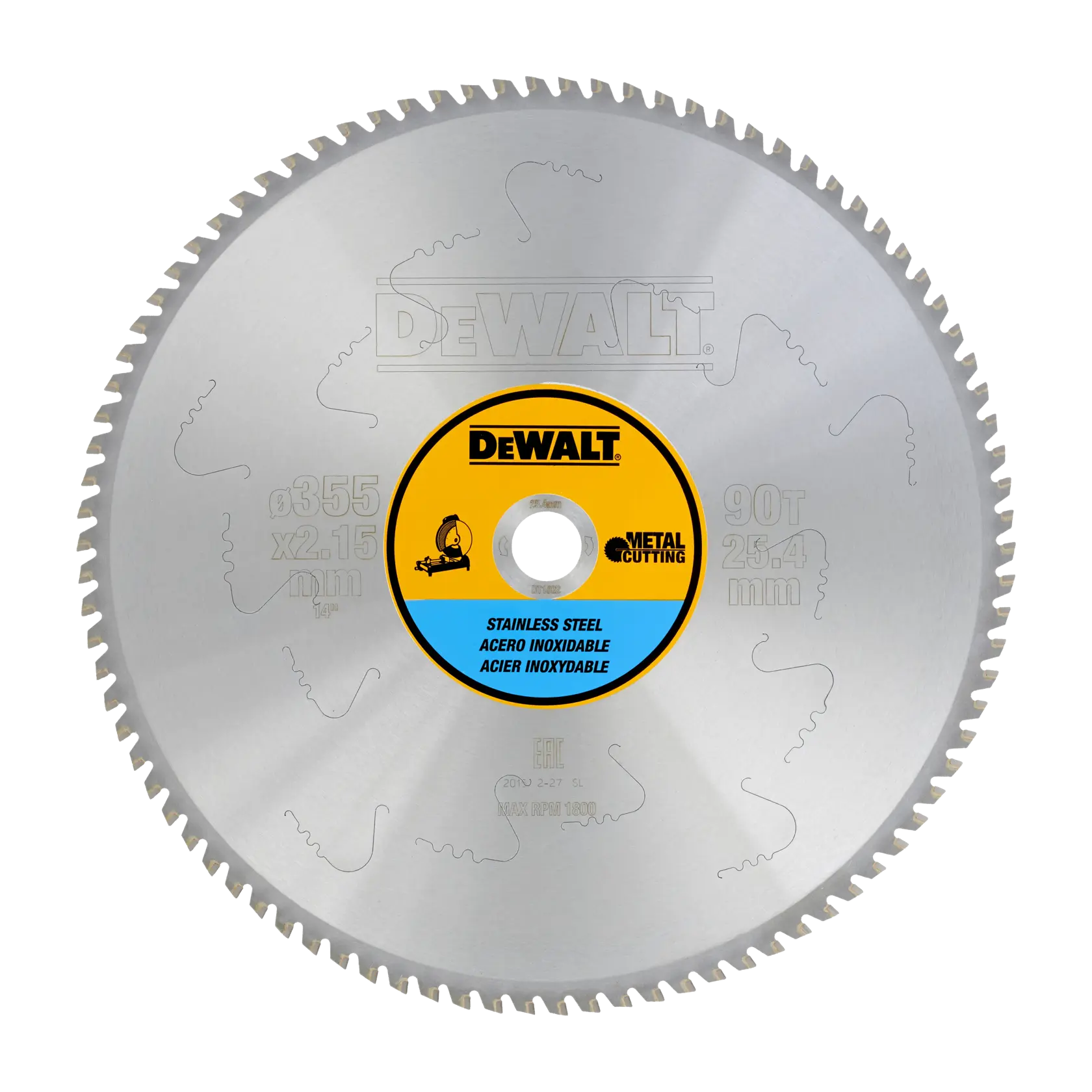 DEWALT DT1922 metal cutting circular saw blade for stainless steel, 355mm diameter.