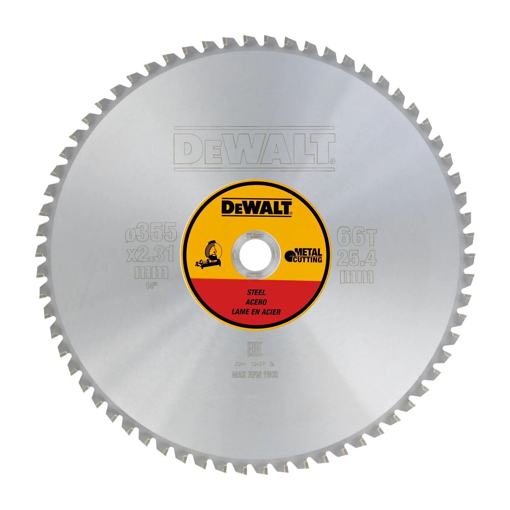 DEWALT DT1926 steel saw blade for metal cutting, 355 mm diameter with 66 teeth and labeled center hub.
