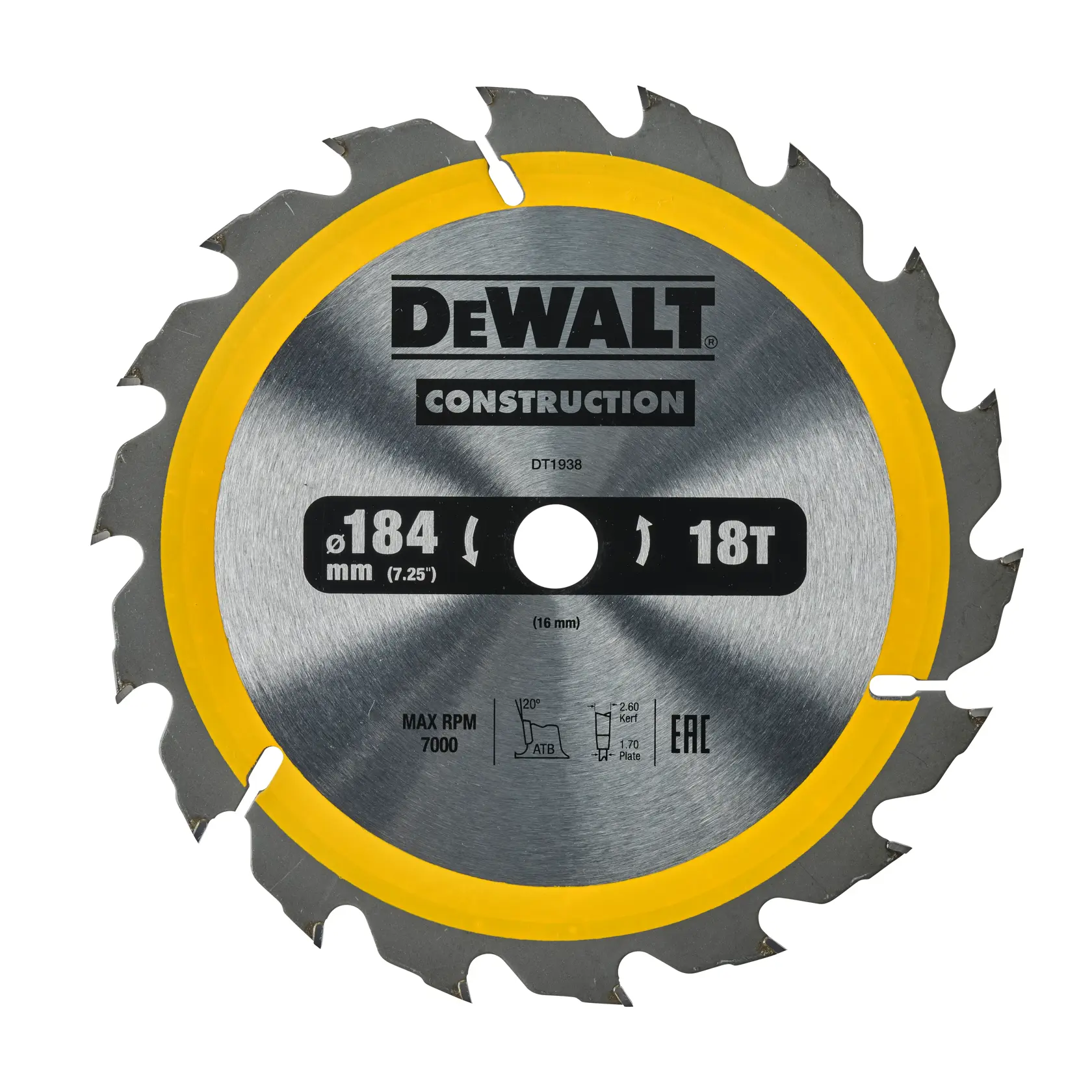 DEWALT DT1938 construction saw blade, 184mm diameter, 18 teeth, silver with yellow edge.