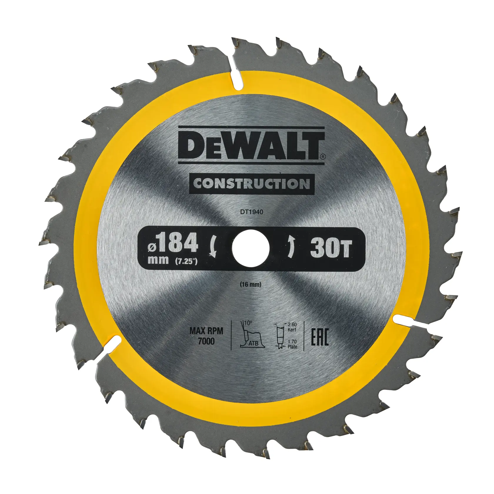 DEWALT DT1940 circular saw blade for construction, 184mm diameter, 30 teeth, silver with yellow edge.