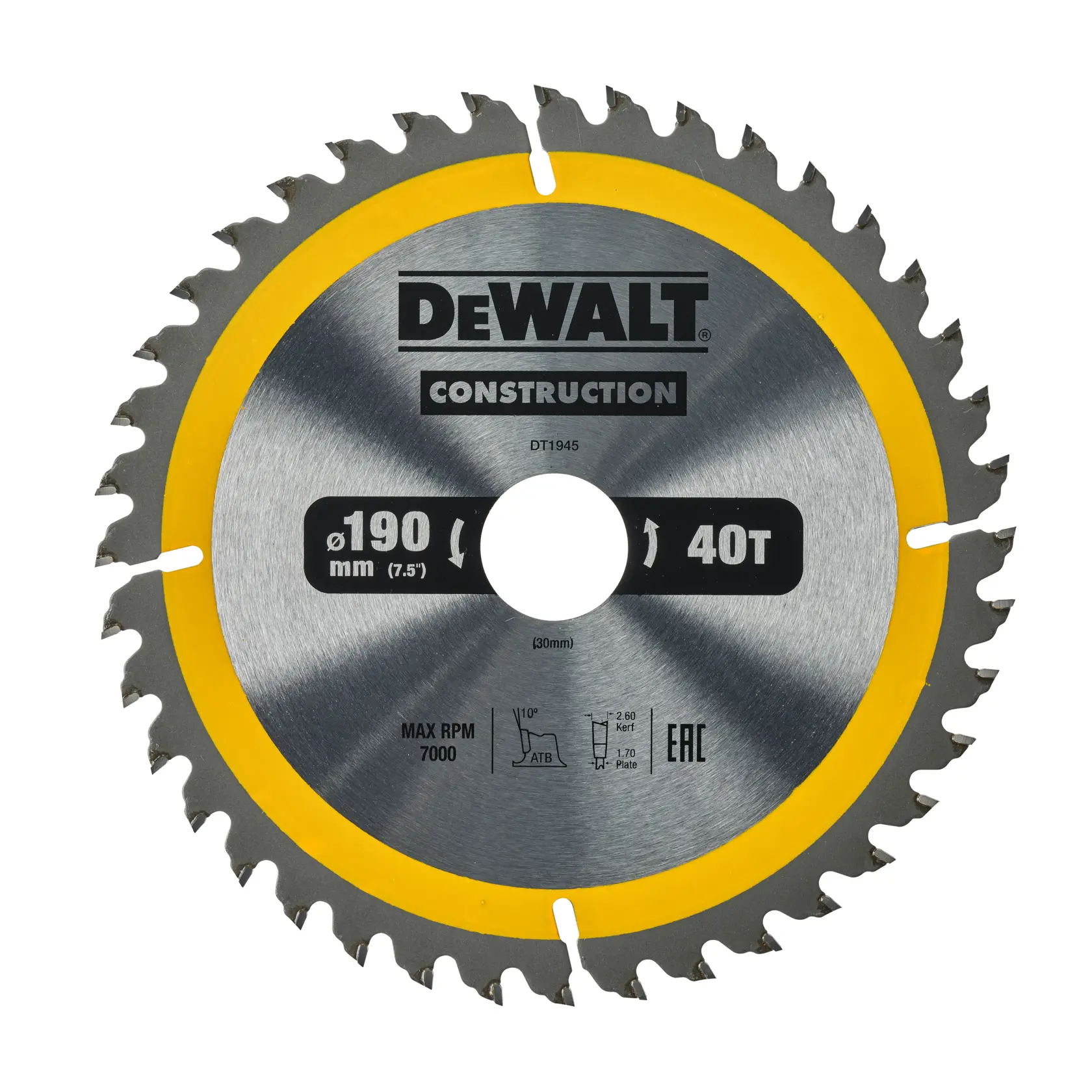 DEWALT DT1945 circular saw blade, 190mm diameter, 40 teeth, with yellow edge for construction use.