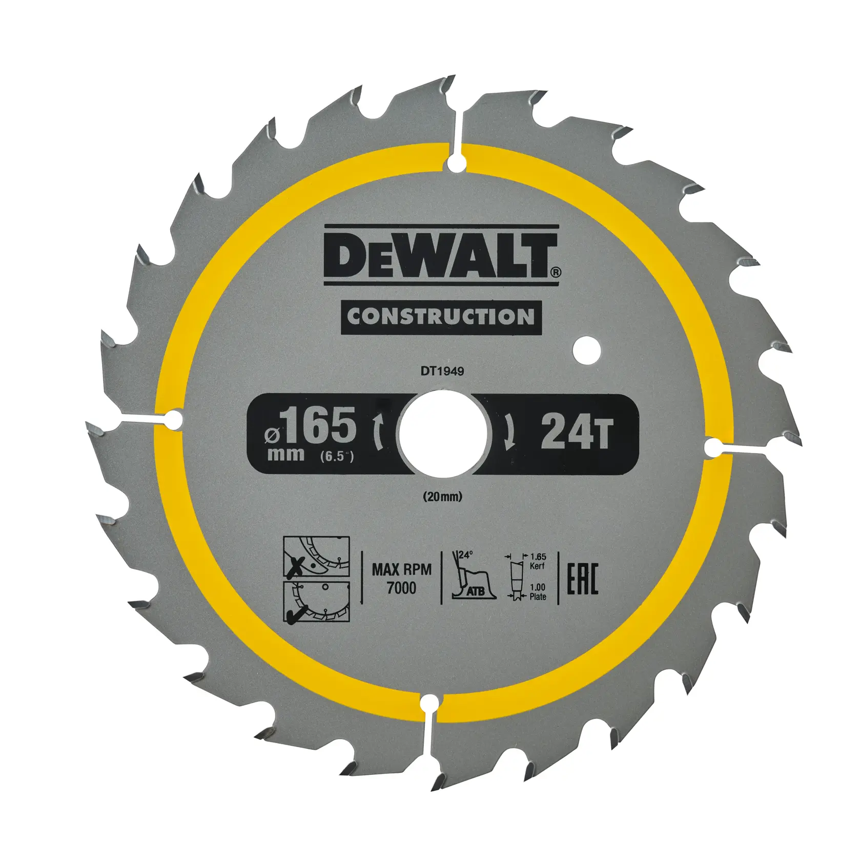 A DEWALT Construction circular saw blade, model DT1949, with 24 teeth and a diameter of 165 mm. The blade is gray with a yellow ring, and product specifications are printed on the surface.