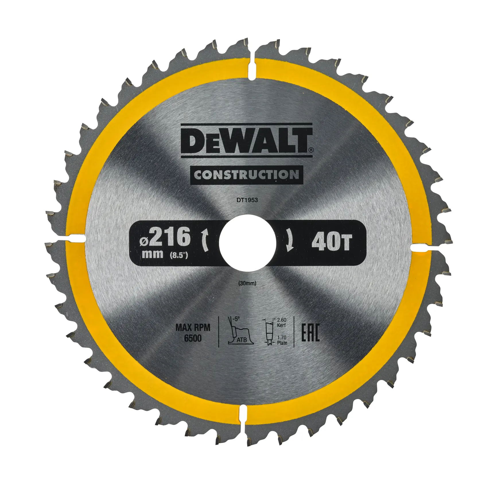 DEWALT circular saw blade, model DT1953, with 216 mm diameter and 40 teeth. The blade is steel with a yellow rim and features construction use markings.
