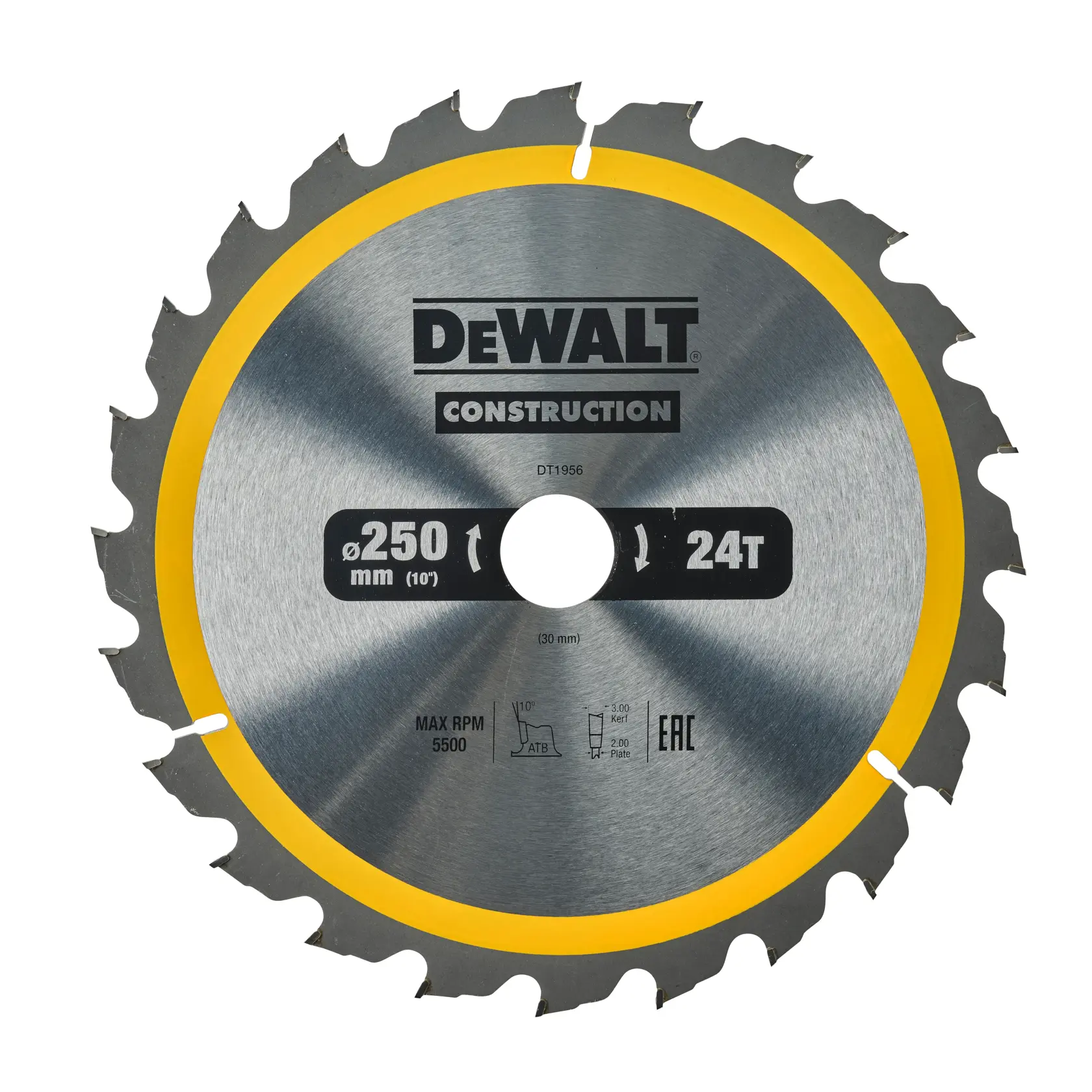 A DEWALT branded circular saw blade, model DT1956, designed for construction use. The blade is metallic with a yellow edge, has 24 teeth, a diameter of 250 mm (10 inches), and other specifications printed on the blade.