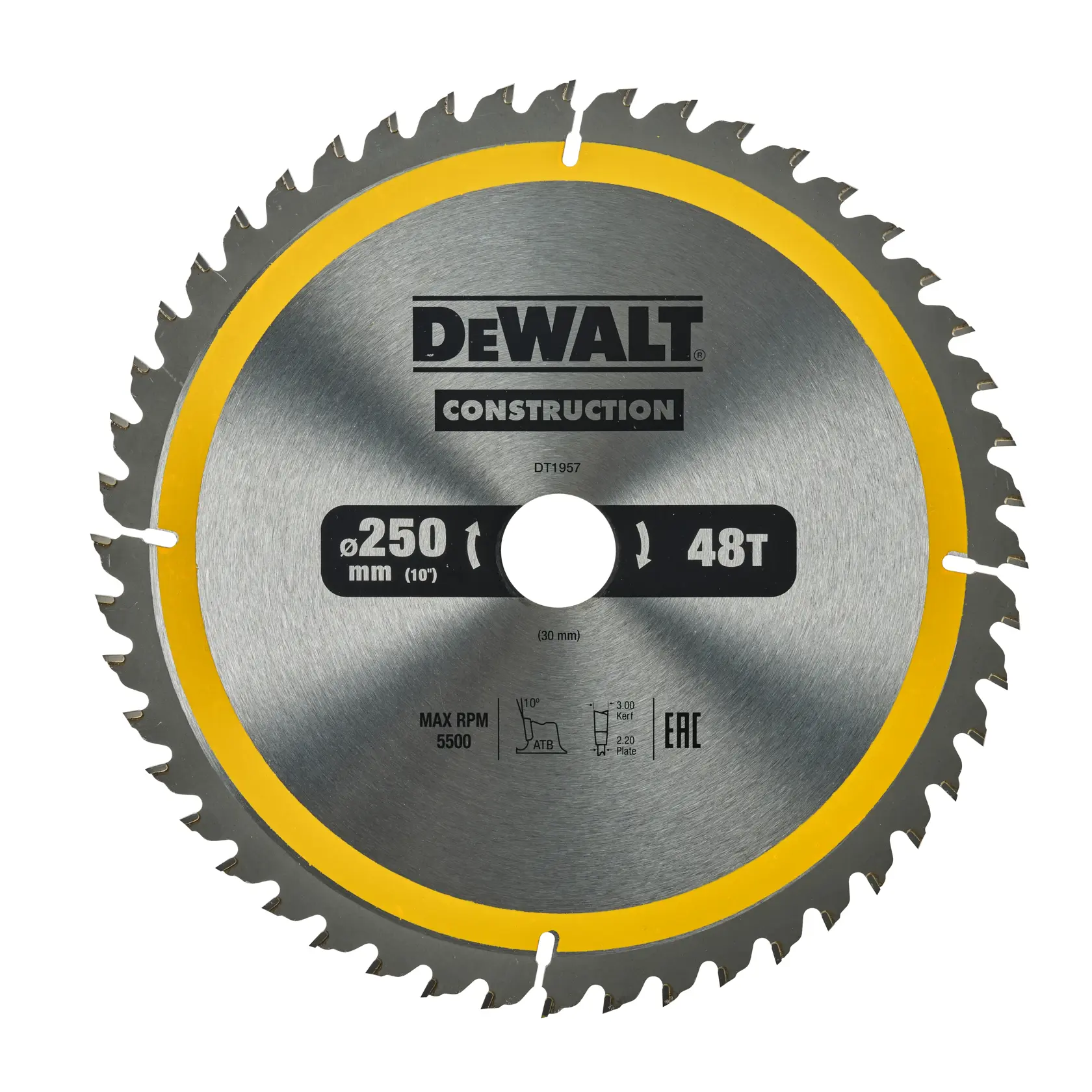 A DEWALT Construction circular saw blade with yellow detailing, model DT1957, featuring 48 teeth and a diameter of 250 mm. Specifications and symbols are visible on the blade surface.