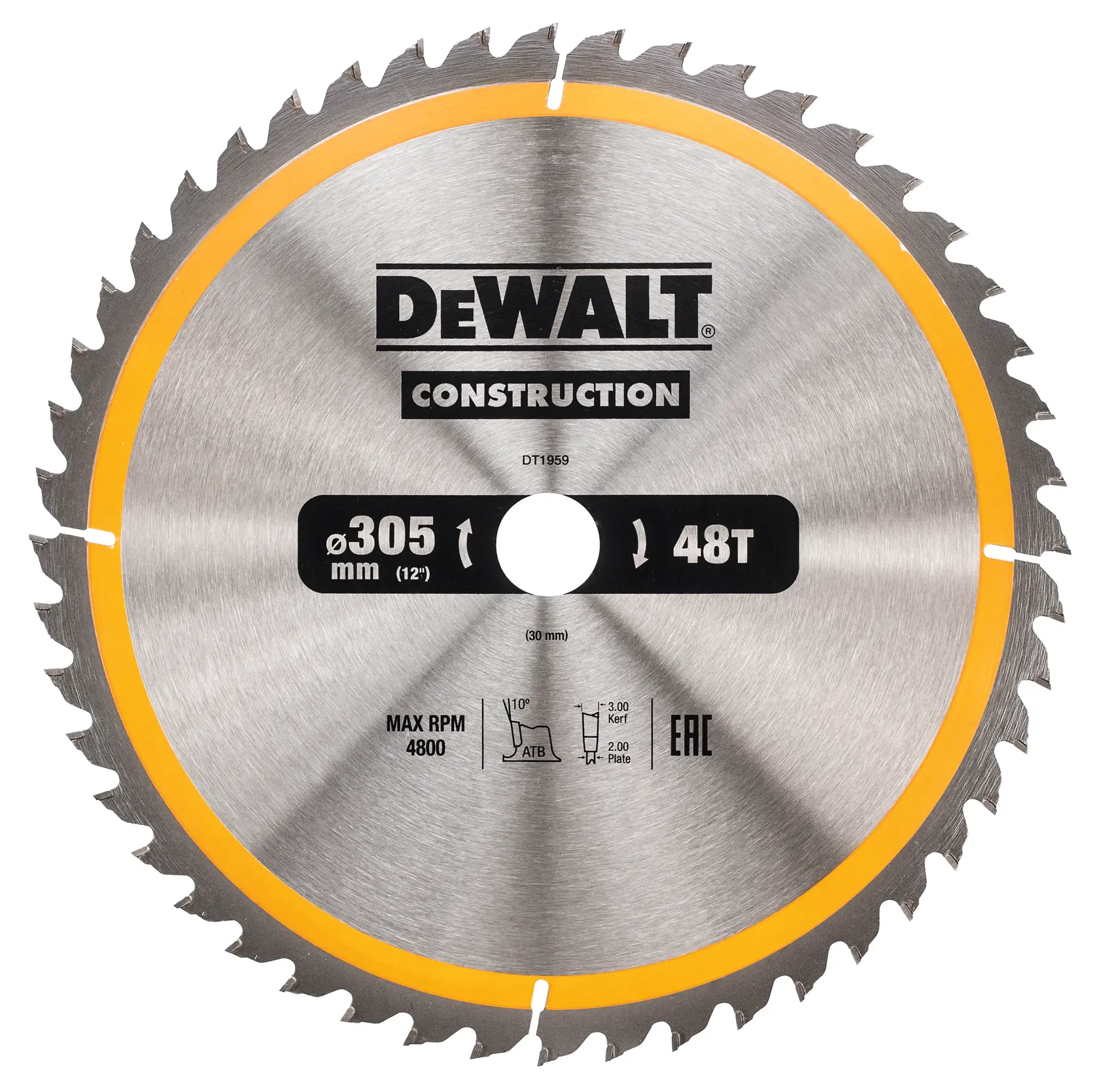 A DEWALT DT1959 construction circular saw blade with 48 teeth, 305 mm diameter, and a yellow rim. The blade is marked with specifications and branding.