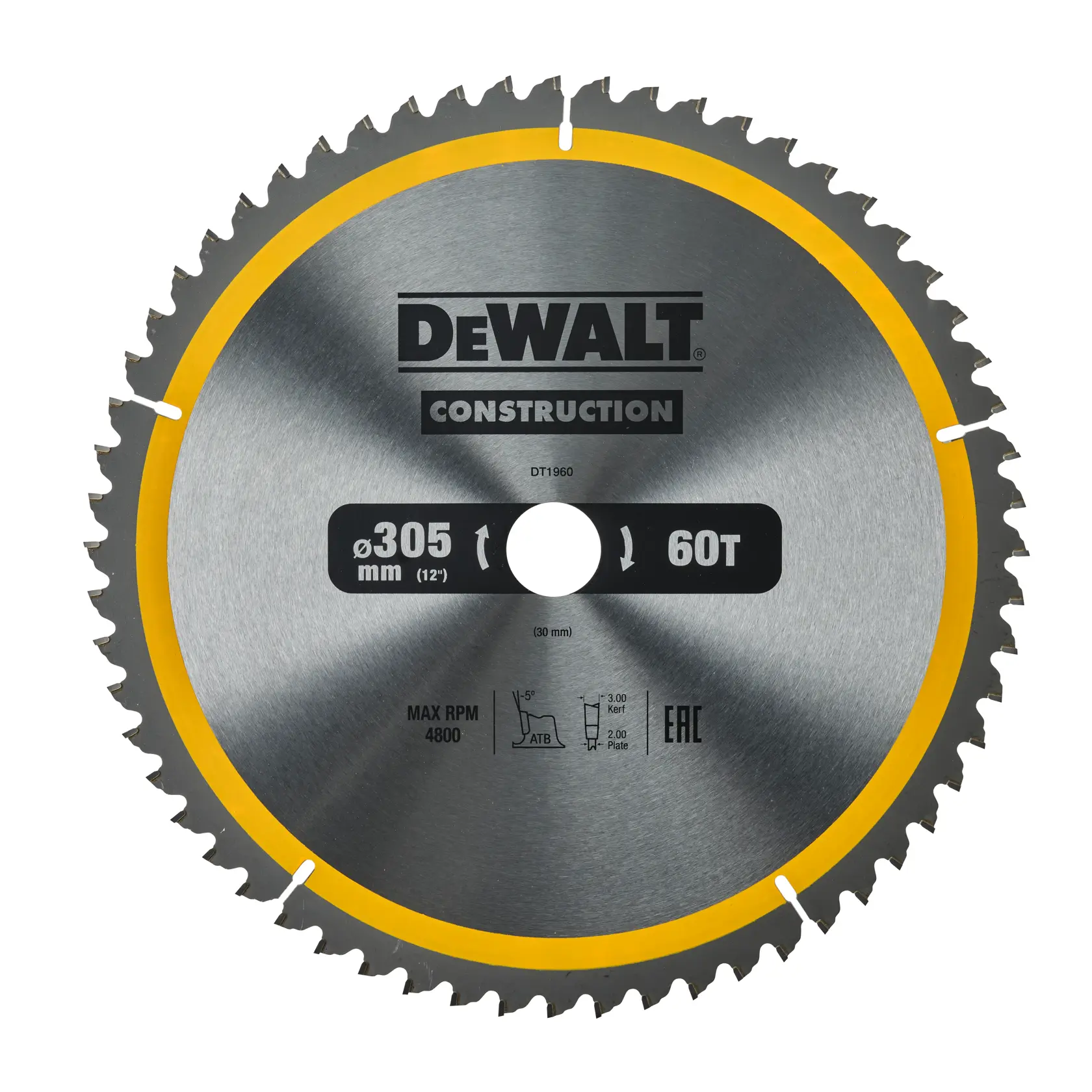 DEWALT DT1960 construction circular saw blade, 305mm diameter, 60 teeth, silver color with yellow rim.