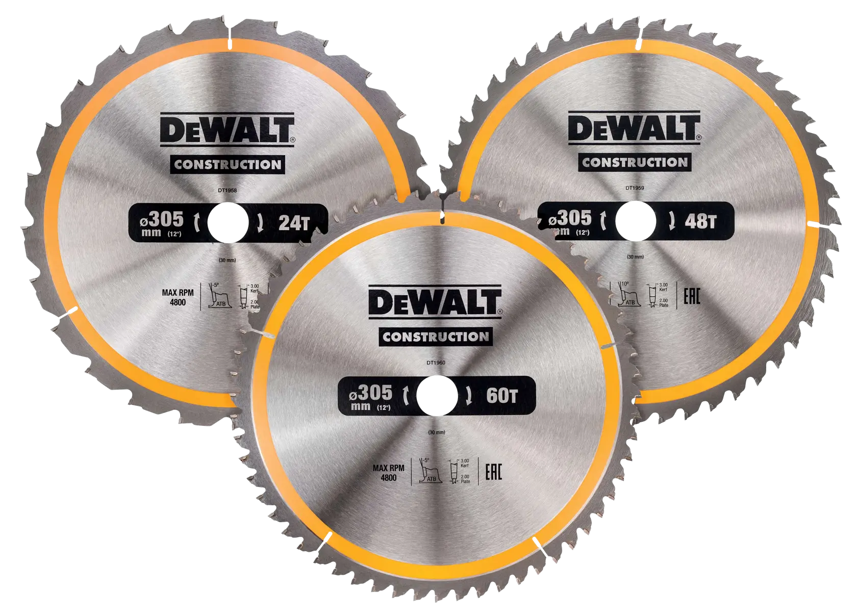 Three DEWALT saw blades with 305mm diameter; 24, 48, and 60 teeth for construction cutting.