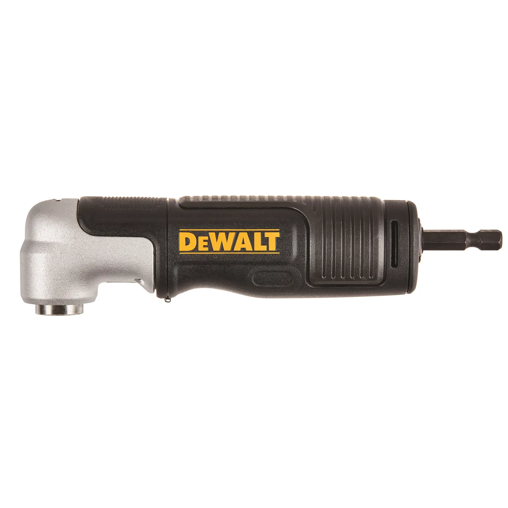 A DEWALT right angle attachment for drills, featuring a black and silver design with a DEWALT logo in yellow on the side.