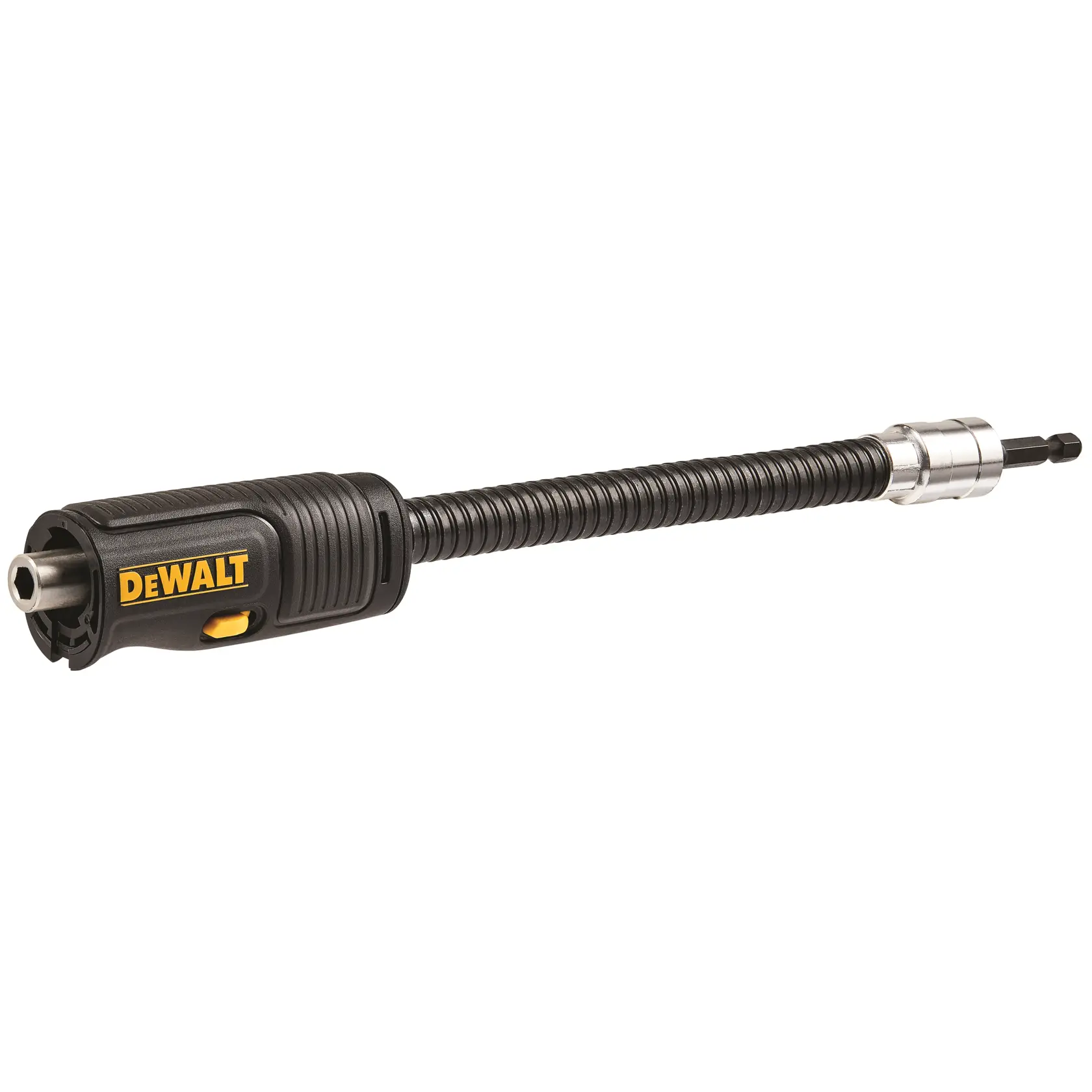 A flexible black DEWALT branded drill bit extension shaft with a metallic tip and a yellow DEWALT logo on the handle.