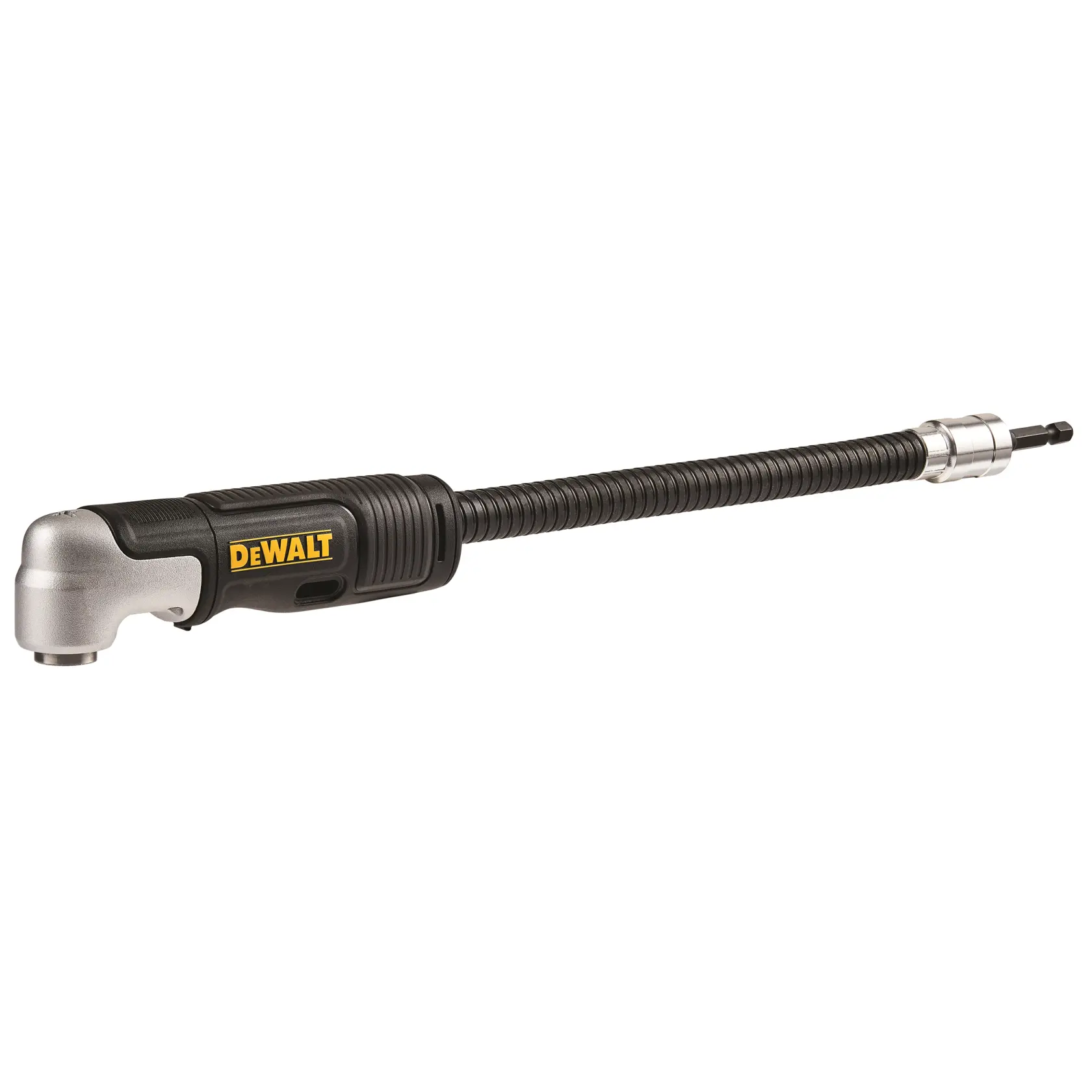 DEWALT flexible right angle drill attachment with a long, black flexible shaft and a metal tip, designed for accessing tight or hard-to-reach spaces.