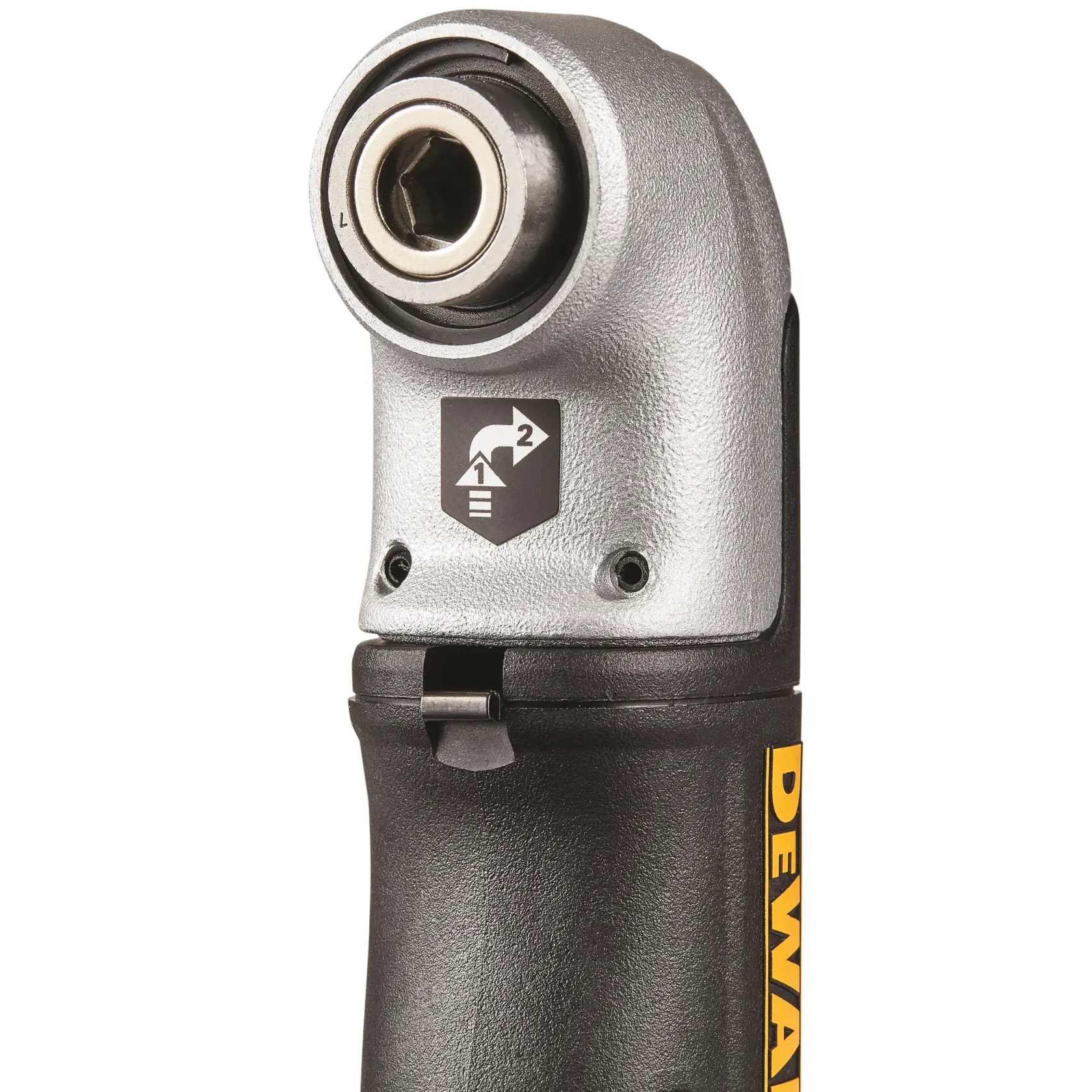 Close-up of a DEWALT right angle drill attachment, showing the metallic head with a hex opening and a two-speed gear selector symbol on the front.